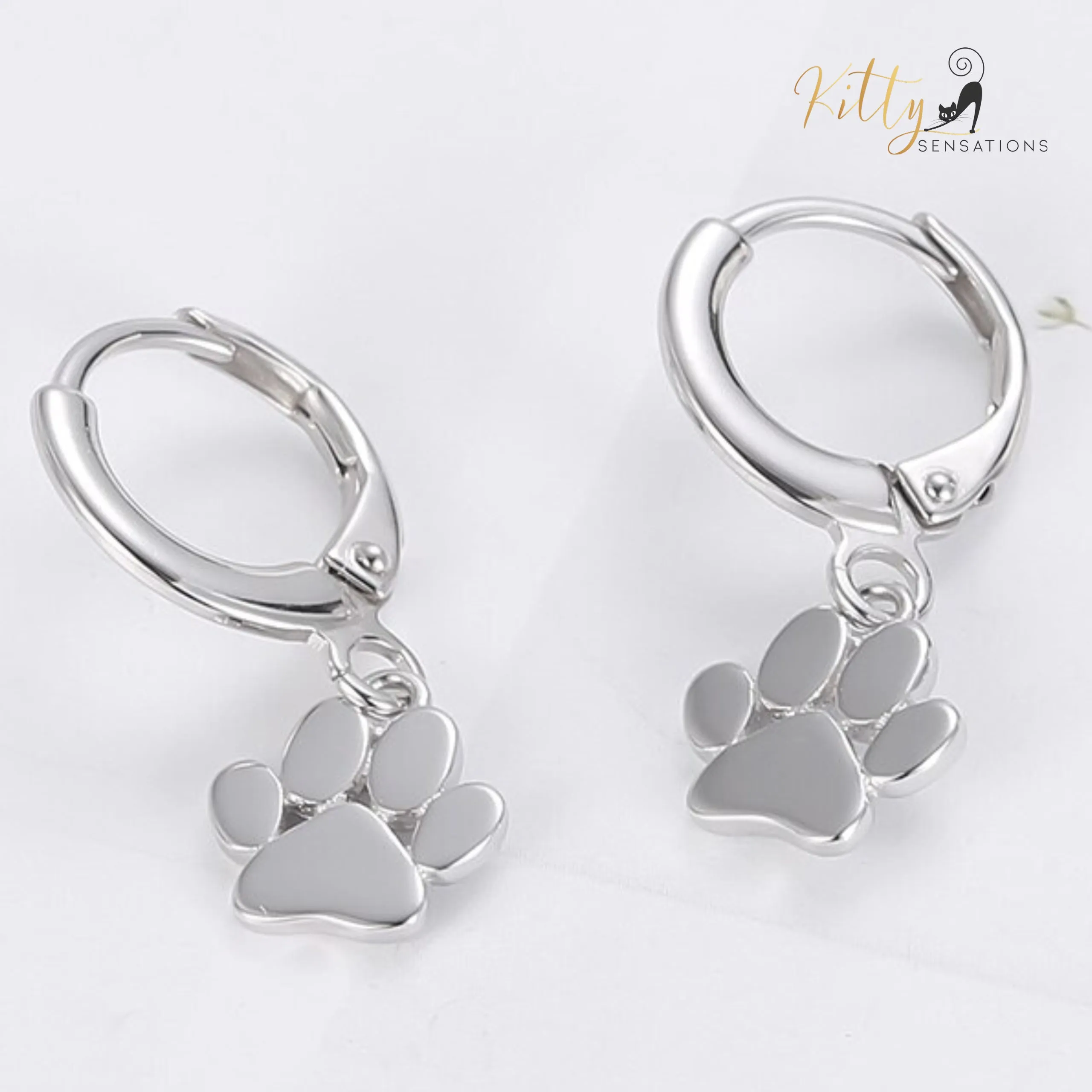 Solid Drop Paw Cat Hoop Earrings in Solid 925 Sterling Silver