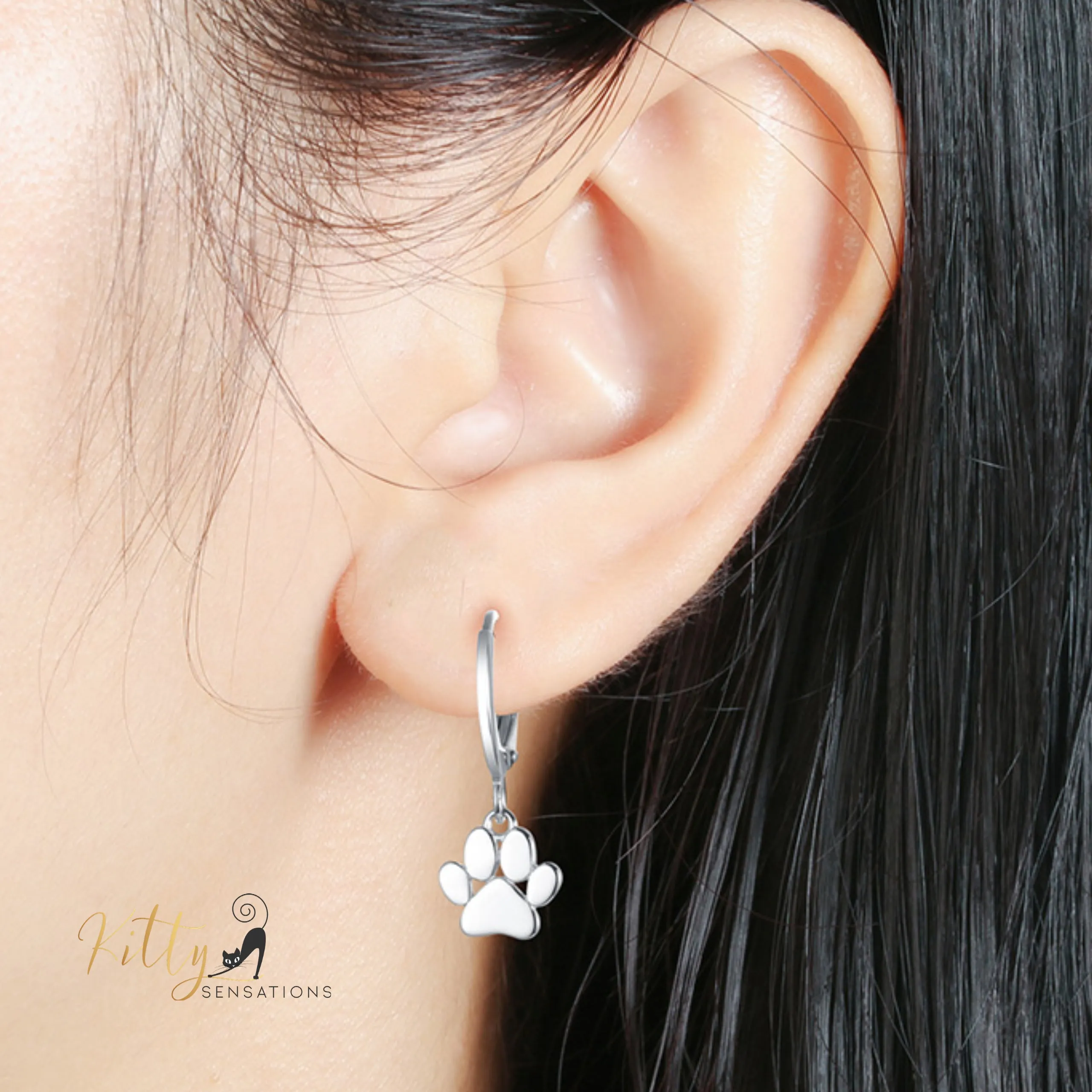 Solid Drop Paw Cat Hoop Earrings in Solid 925 Sterling Silver