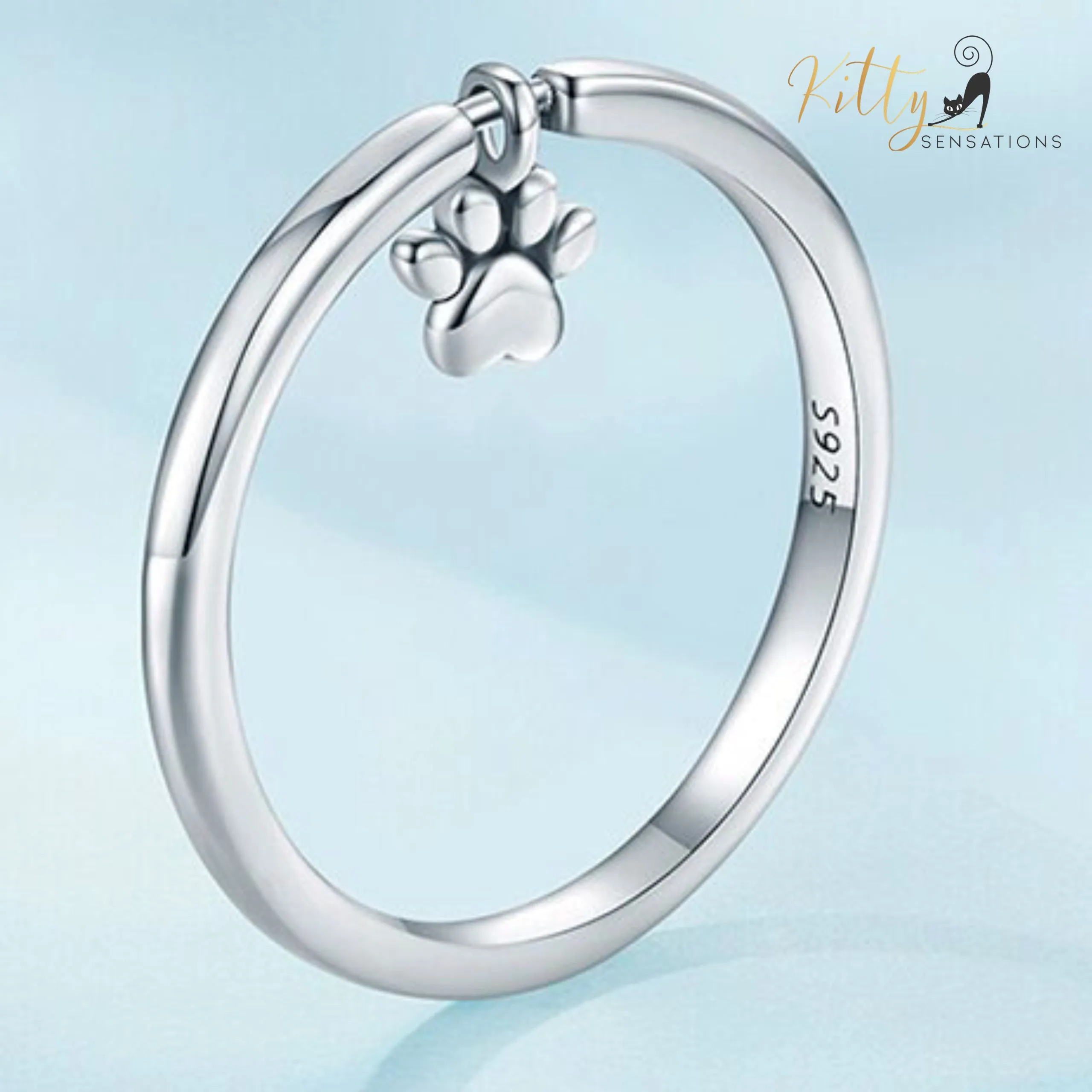 Solid Kitty Paw Charm Ring in Solid 925 Sterling Silver