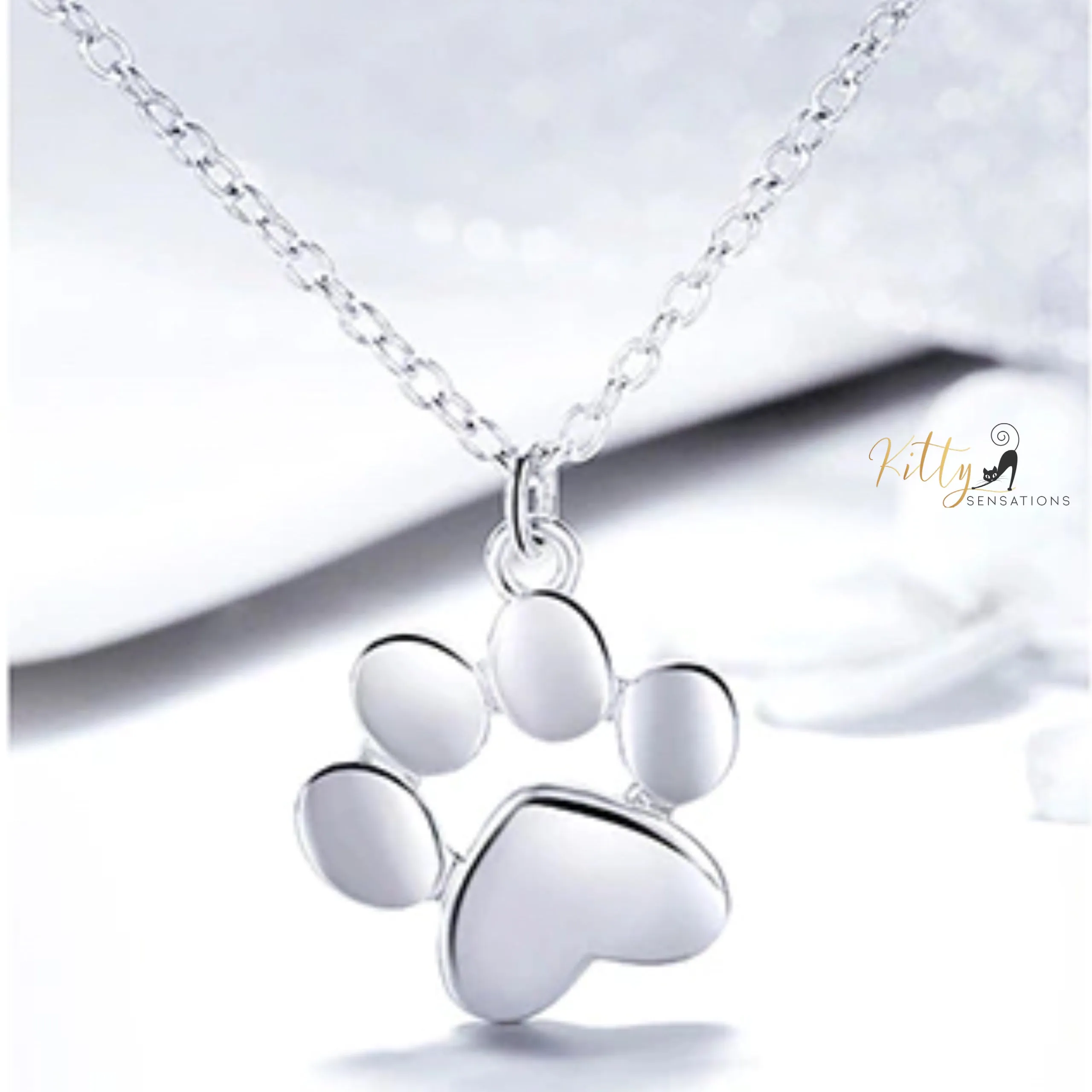 Solid Kitty Paw Necklace in Solid 925 Sterling Silver (Platinum or Rose Gold Plated)