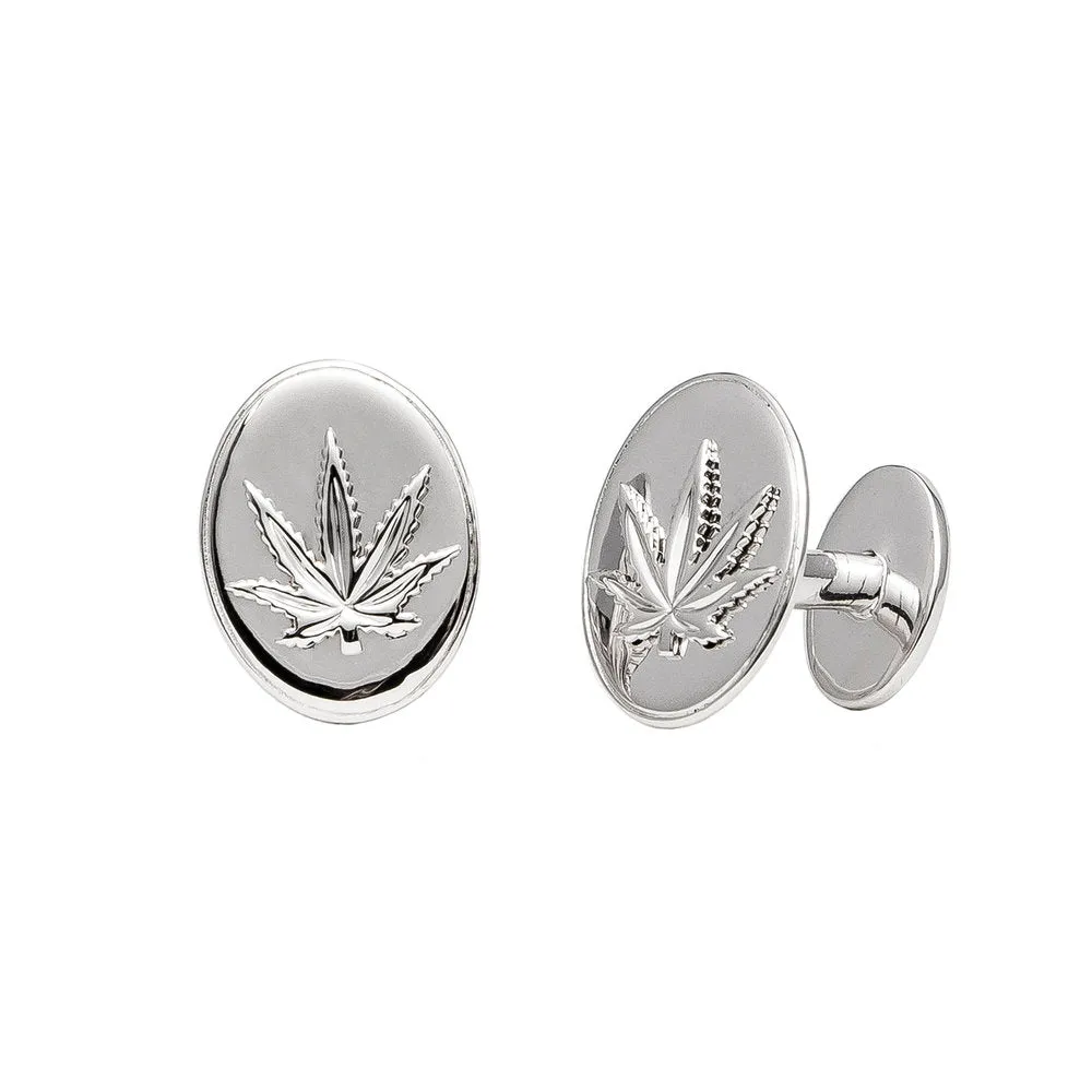 Sterling Silver Sativa Leaf Oval Cufflinks