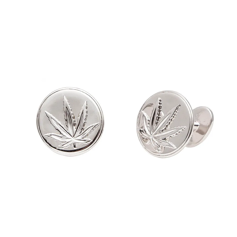 Sterling Silver Sativa Leaf Round Cufflinks