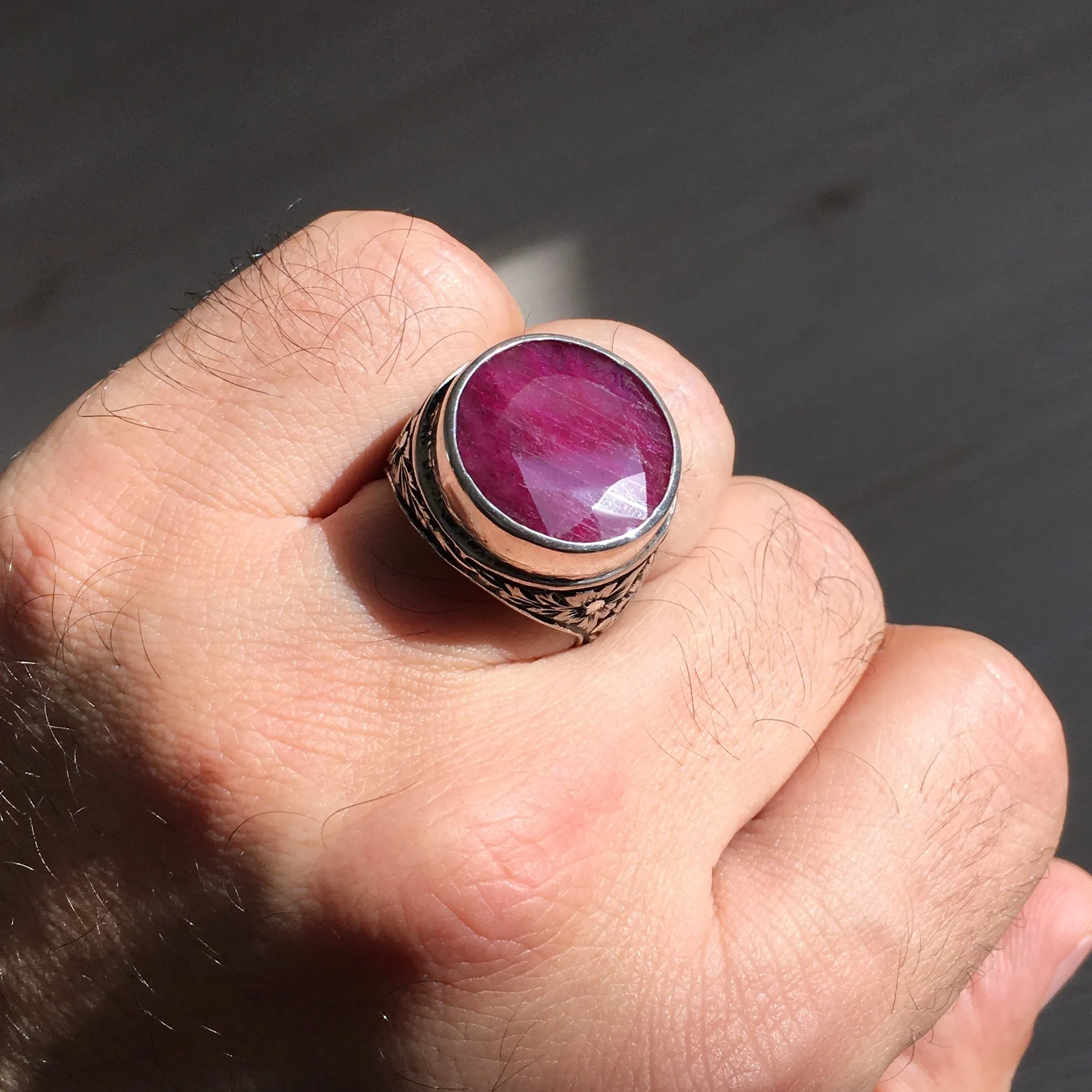 Sterling Silver Unique Handmade Mens Ring Natural Ruby Corundum Gemstone Jewelry