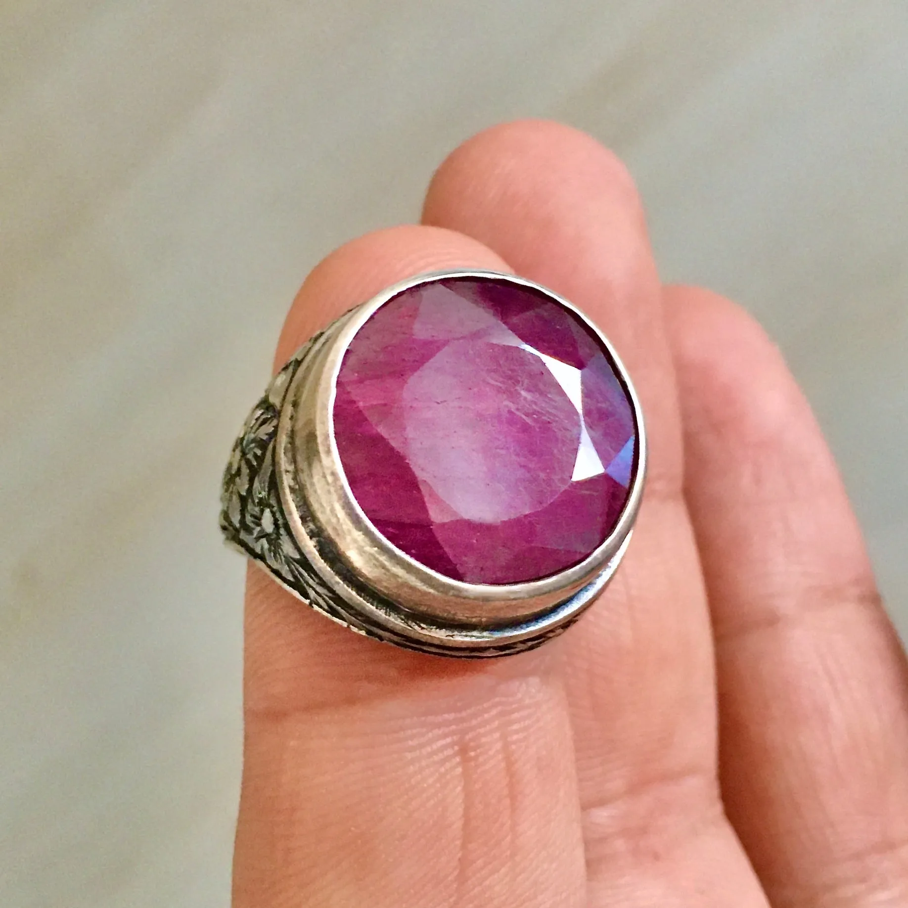 Sterling Silver Unique Handmade Mens Ring Natural Ruby Corundum Gemstone Jewelry