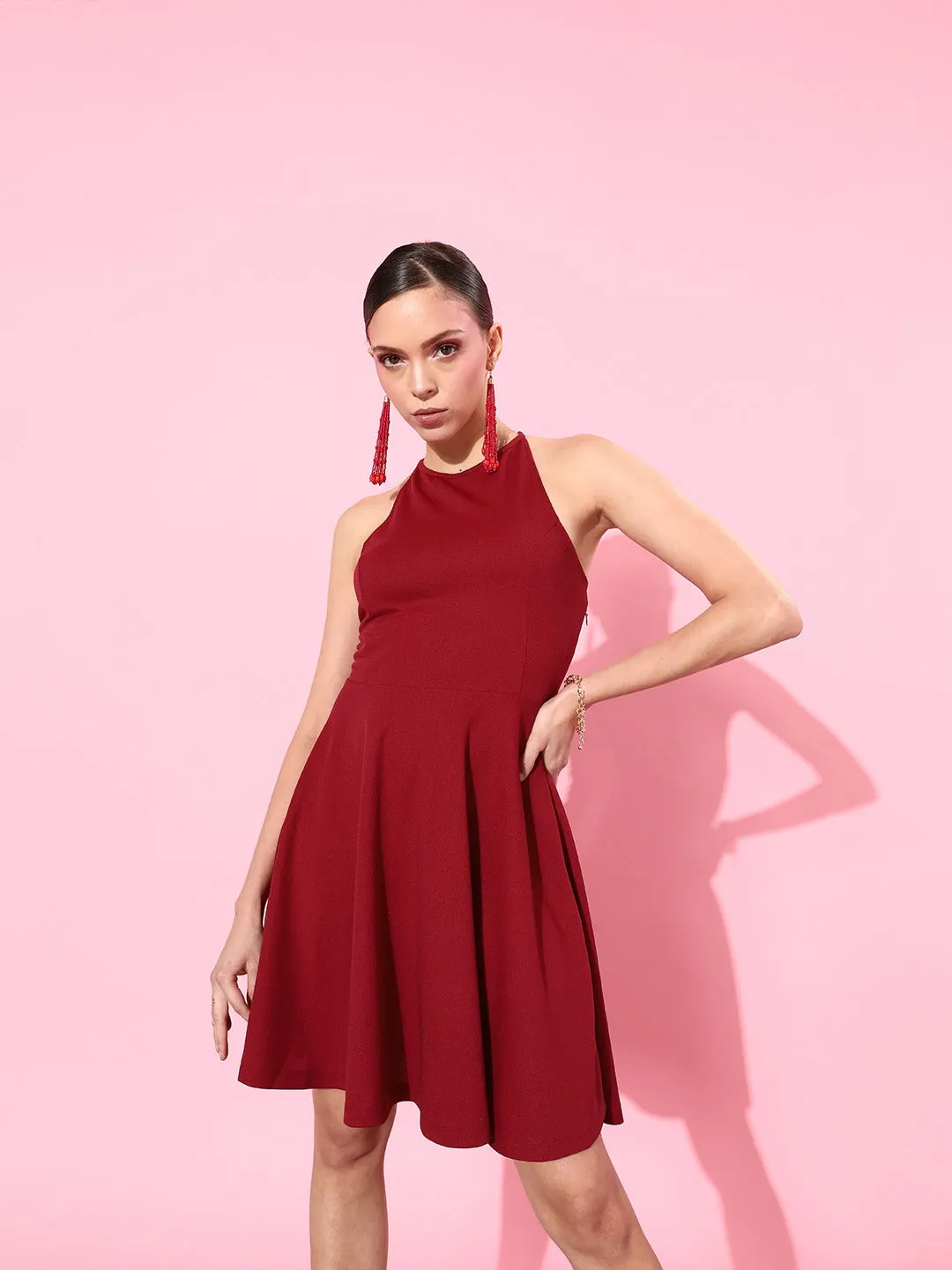 Style Quotien Women Maroon Halter Neck Dress