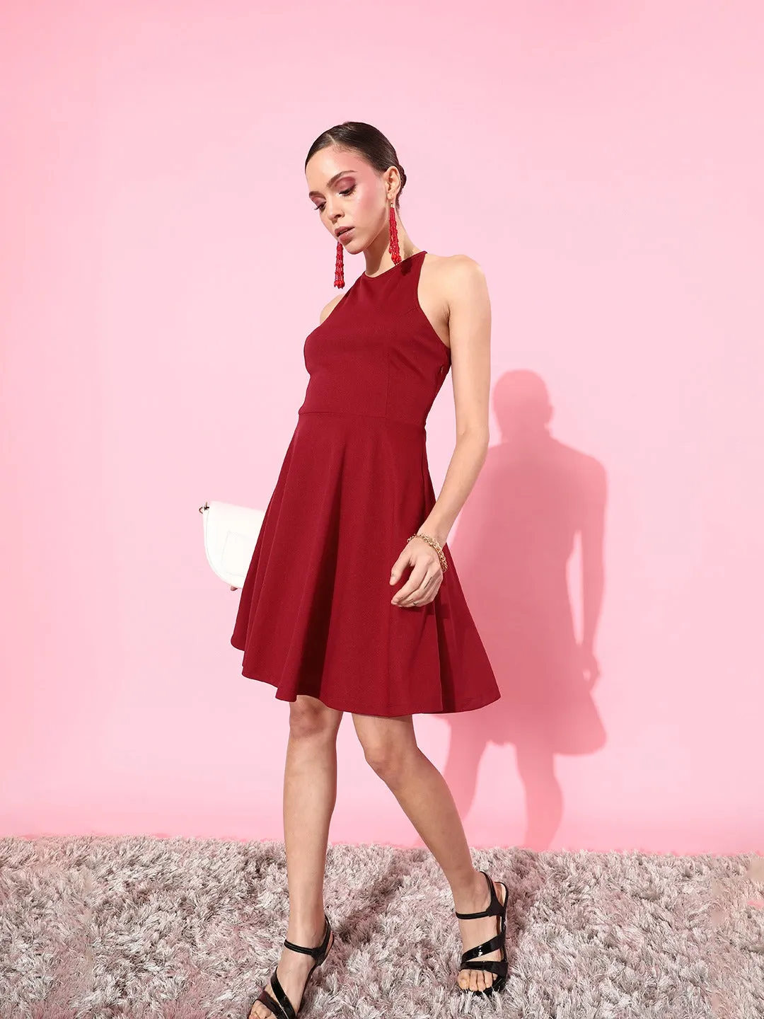 Style Quotien Women Maroon Halter Neck Dress