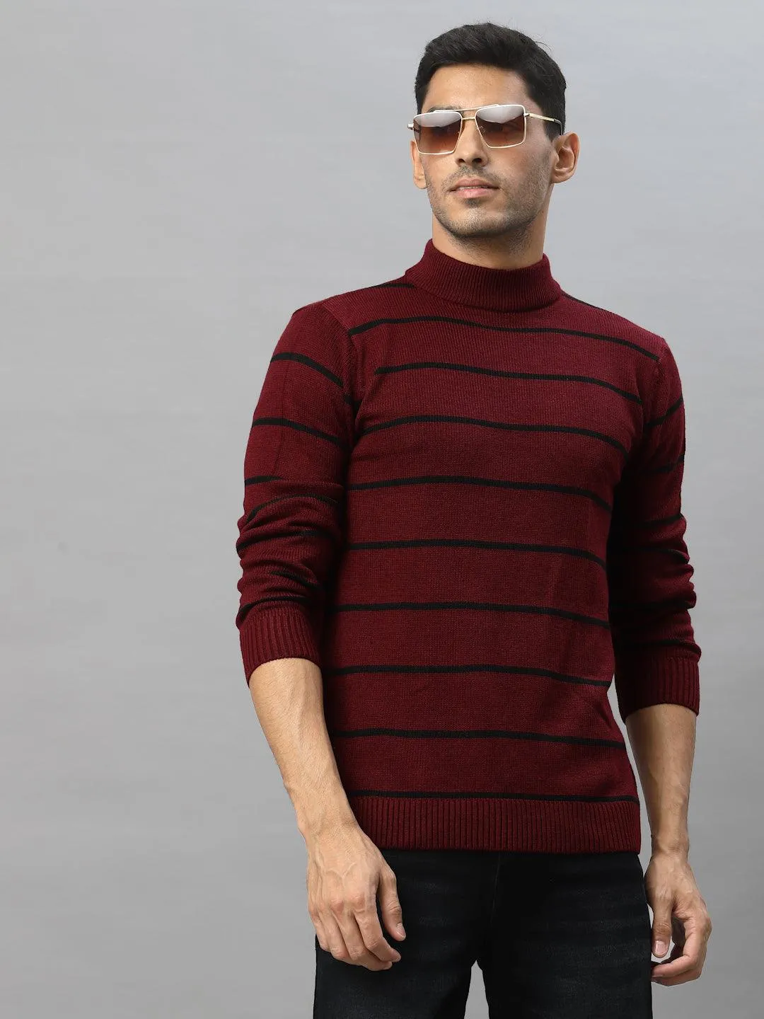 Style Quotient Men Maroon & Black Striped Pullover