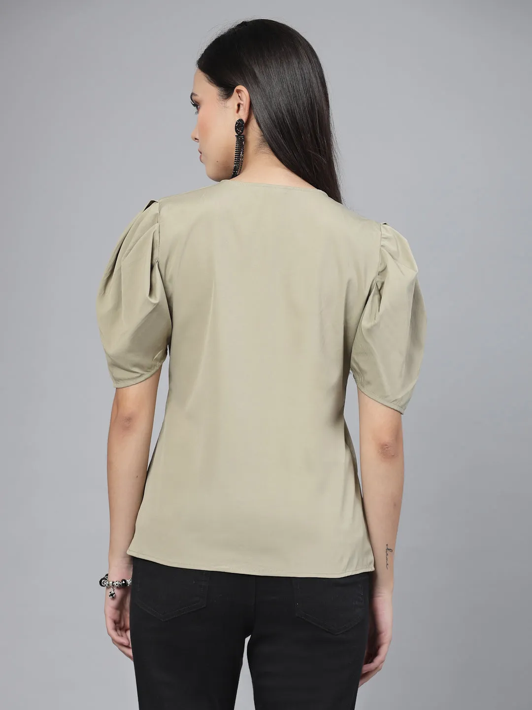 Style Quotient Women Green Solid Polyester Regular Smart Casual Top