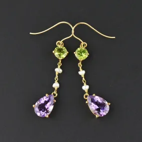 Suffragette Peridot Amethyst Pearl Gold Dangle Earrings