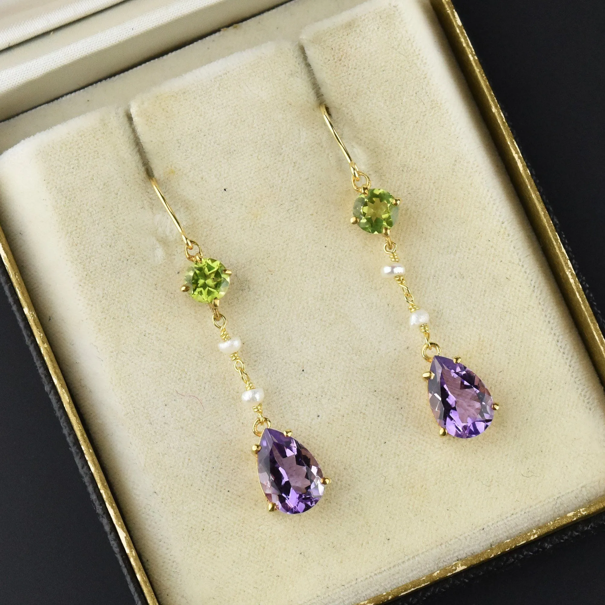 Suffragette Peridot Amethyst Pearl Gold Dangle Earrings