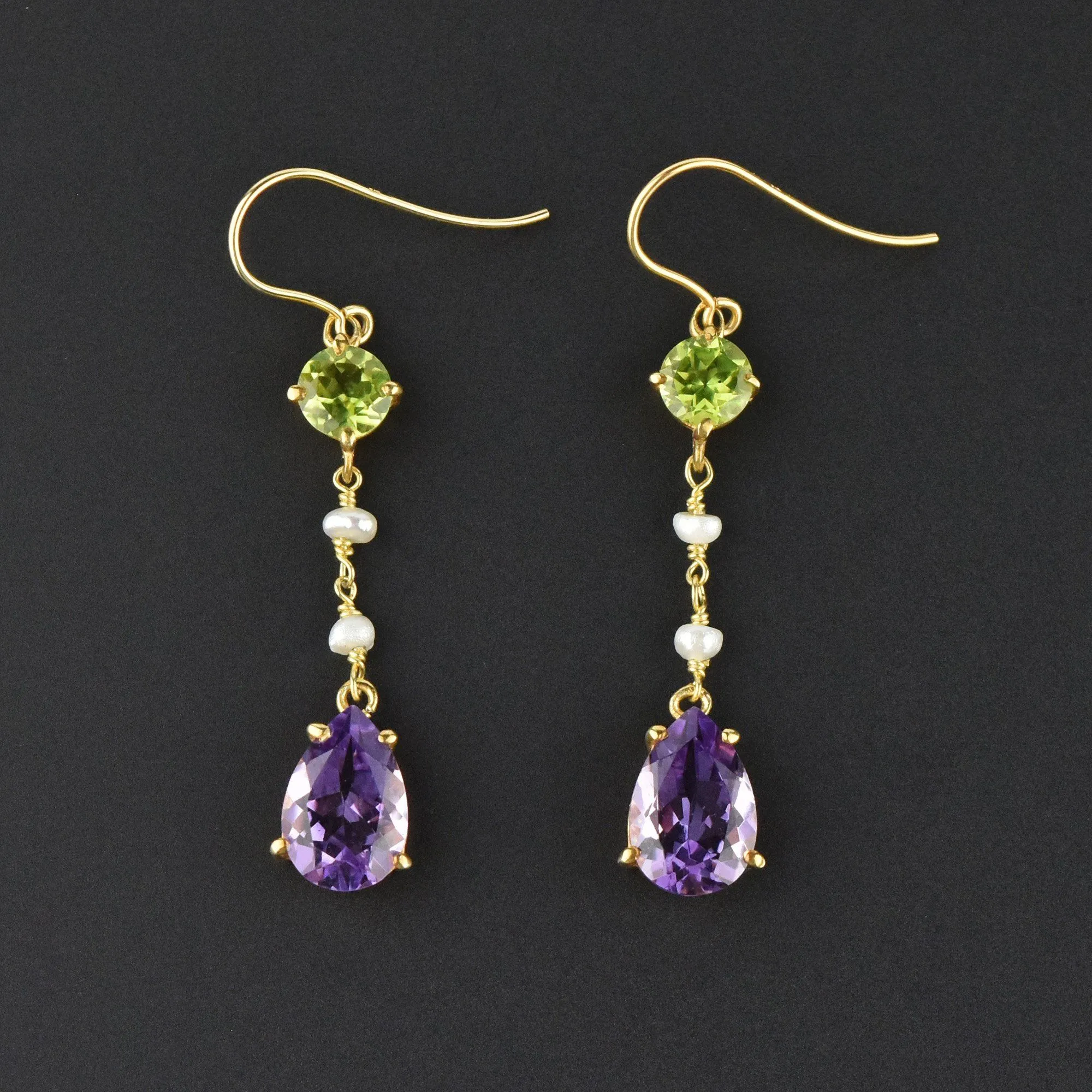 Suffragette Peridot Amethyst Pearl Gold Dangle Earrings