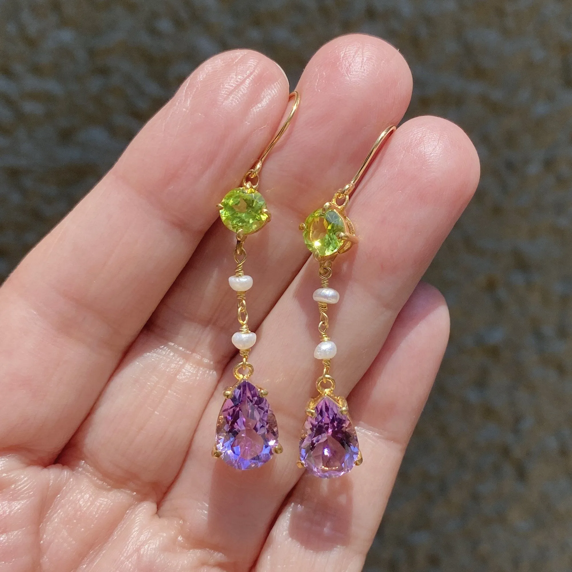 Suffragette Peridot Amethyst Pearl Gold Dangle Earrings