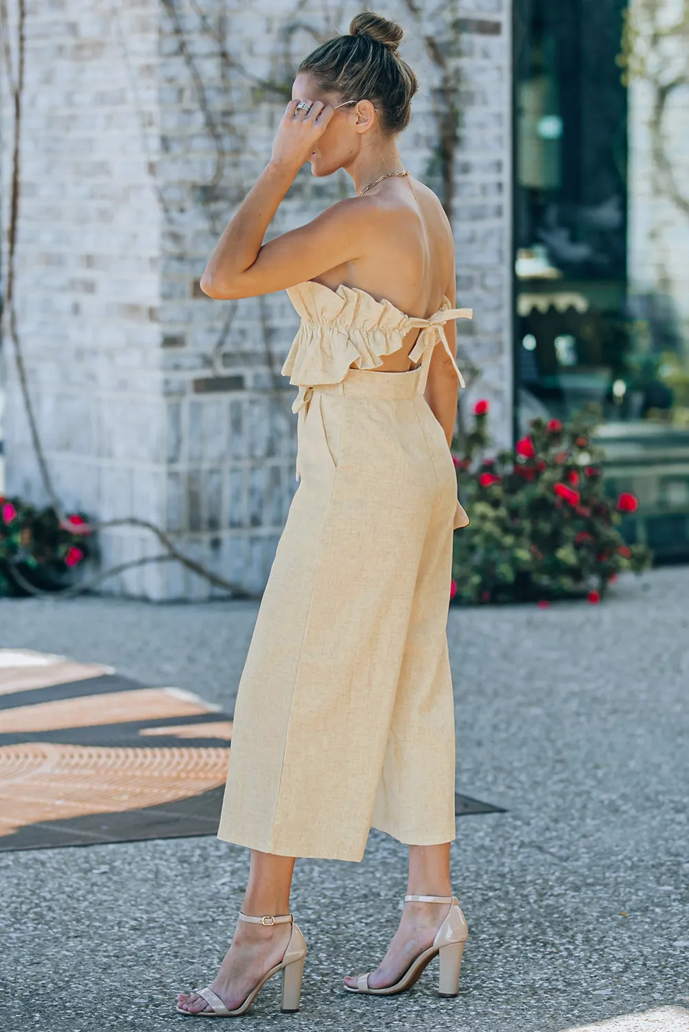 Sunset and Swim Ruffled Strapless Wide Leg Jumpsuit