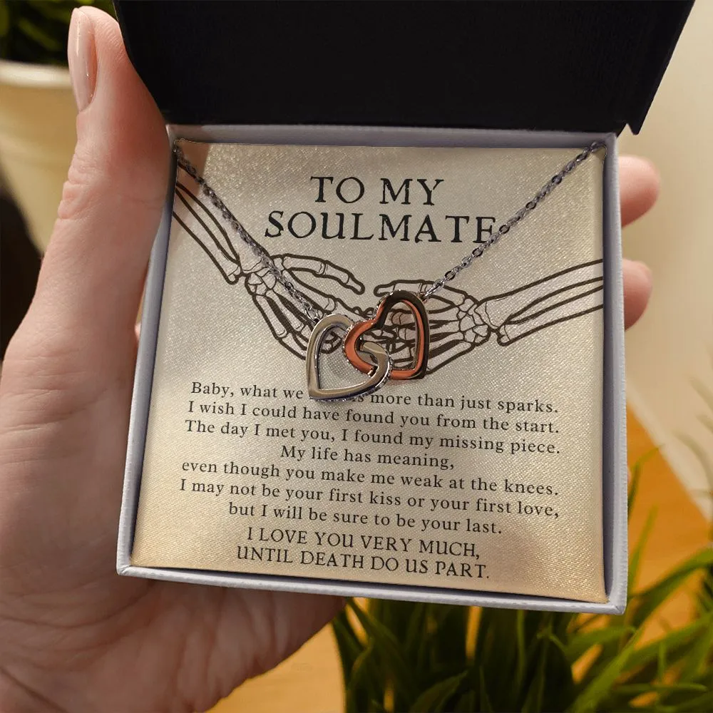 To My Soulmate Skeleton Holding Hands Double Heart Pendant Necklace