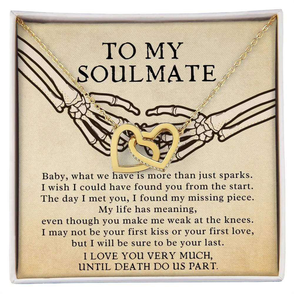 To My Soulmate Skeleton Holding Hands Double Heart Pendant Necklace