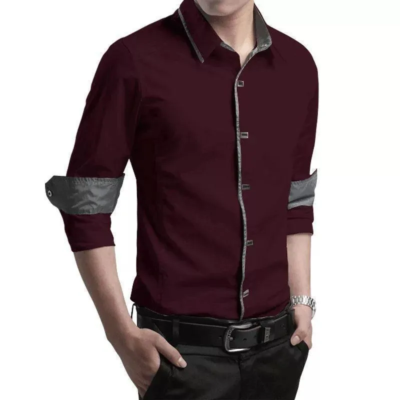 Trendy Partywear Classy Wine Red Cotton Button-Up Shirt For Men