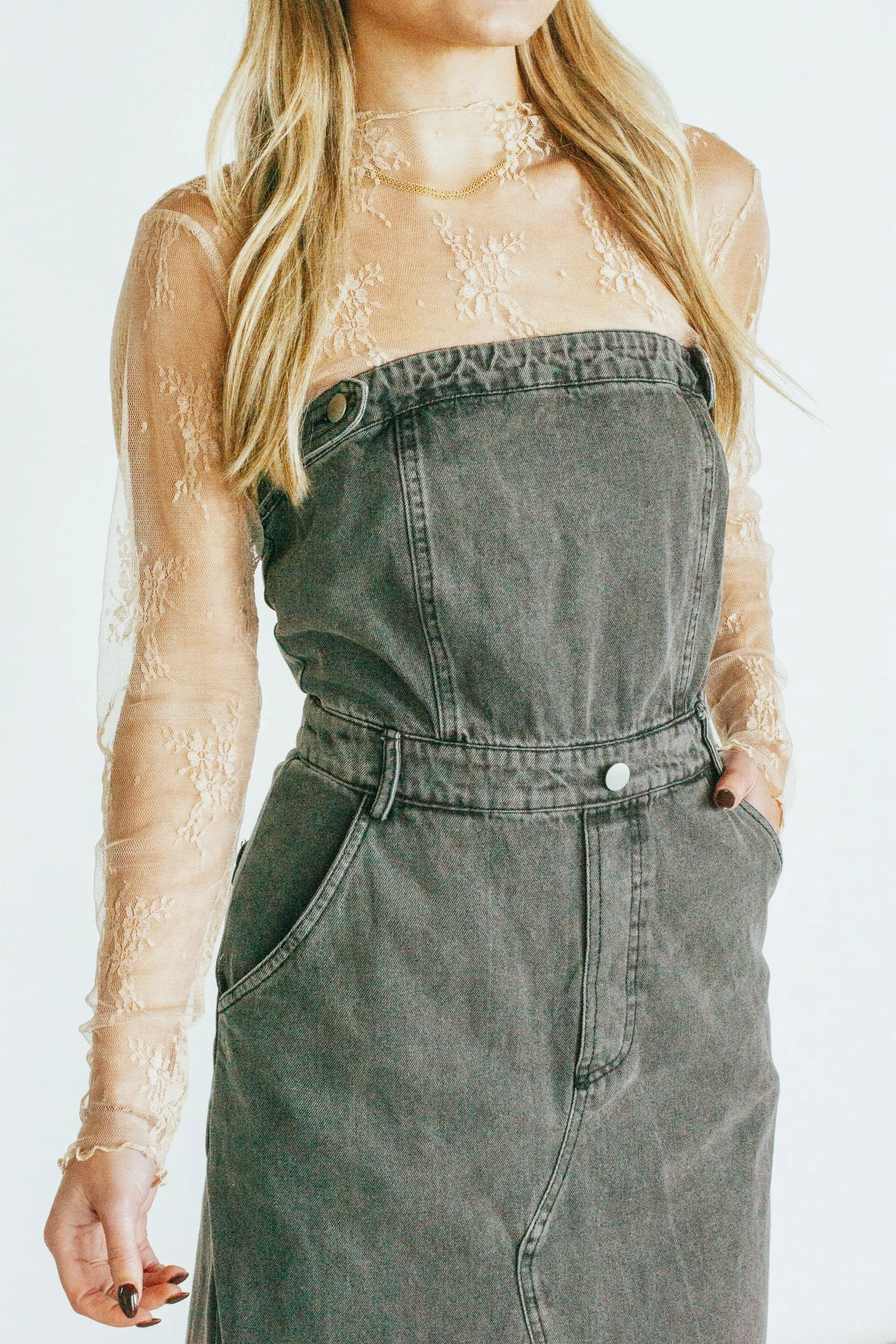 Try and Keep Up Charcoal Denim Strapless Dress