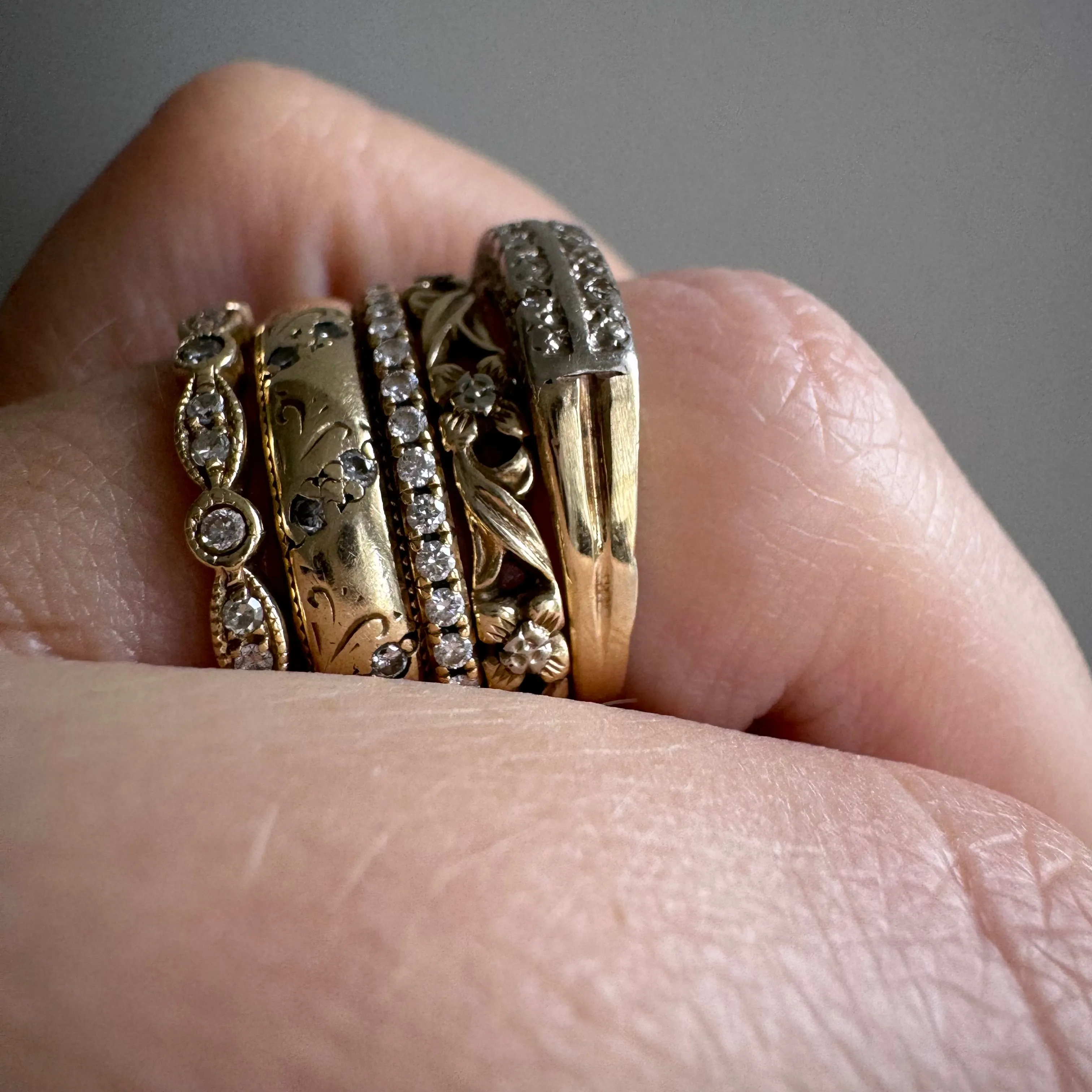 V I N T A G E // garden rows / 14k yellow and white gold floral half eternity band with diamonds / size 4.75