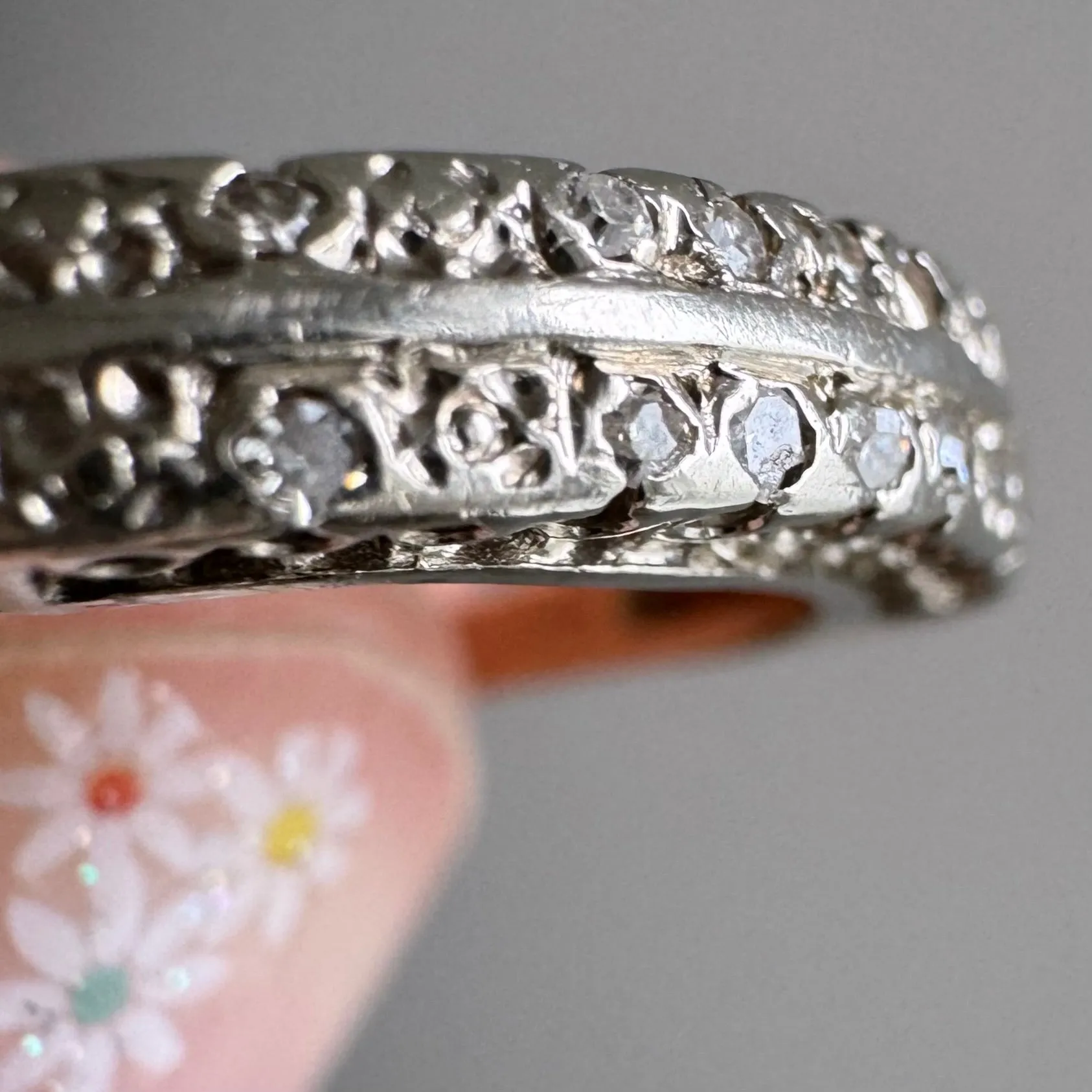 V I N T A G E // garden rows / 14k yellow and white gold floral half eternity band with diamonds / size 4.75