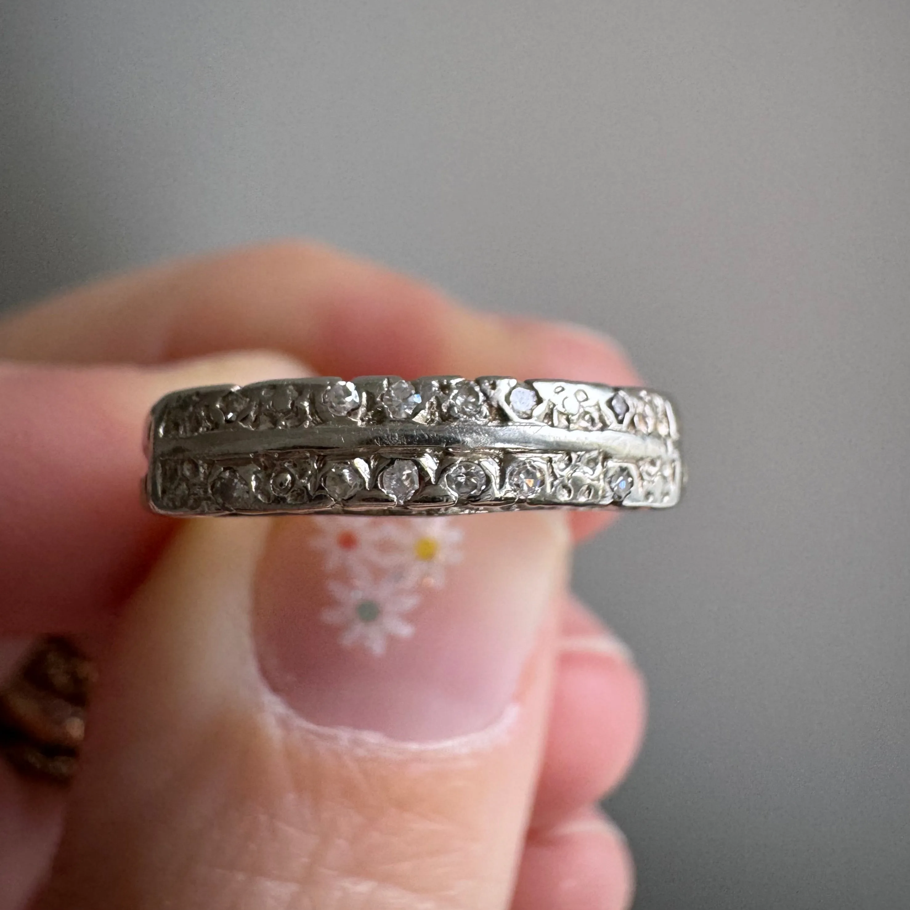 V I N T A G E // garden rows / 14k yellow and white gold floral half eternity band with diamonds / size 4.75