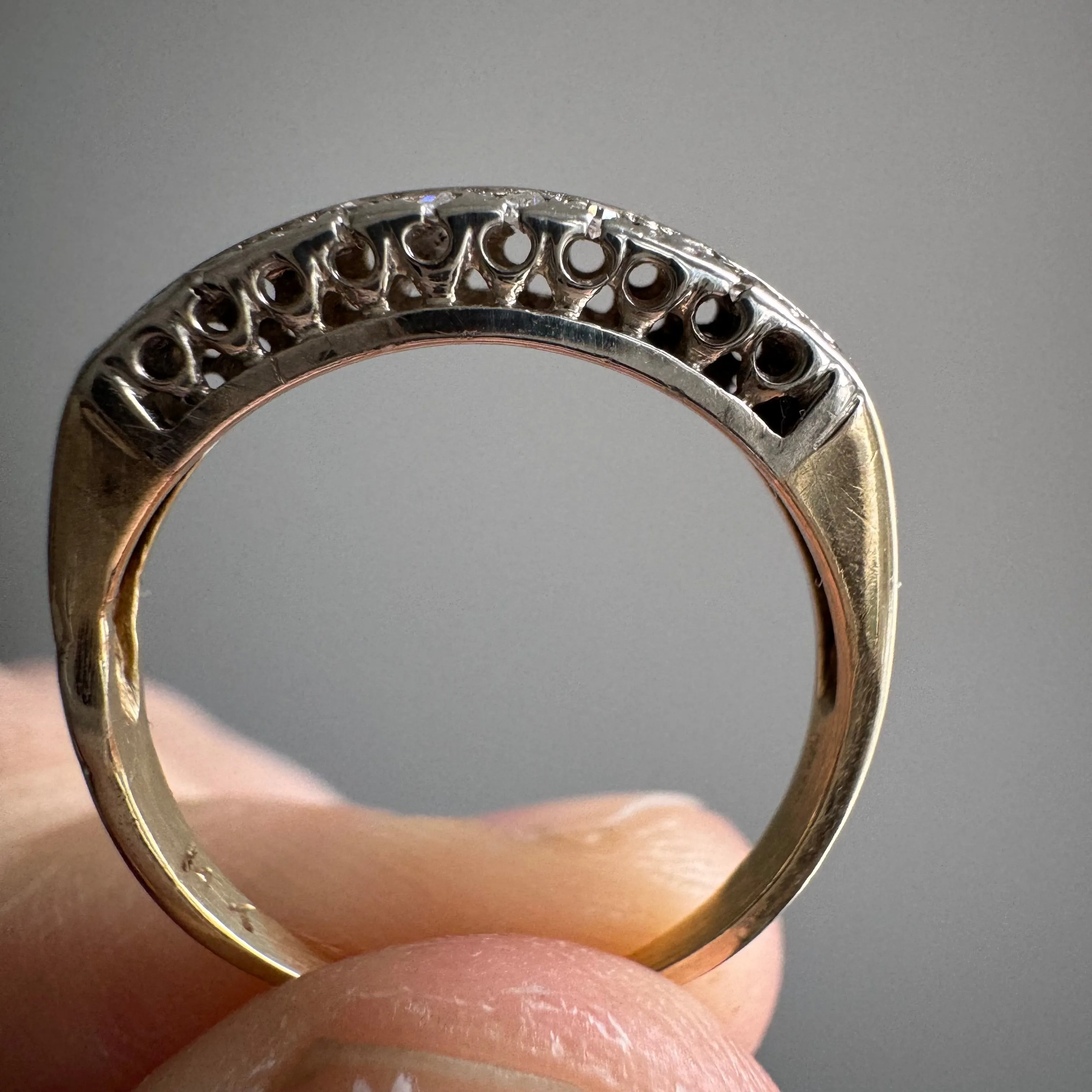 V I N T A G E // garden rows / 14k yellow and white gold floral half eternity band with diamonds / size 4.75