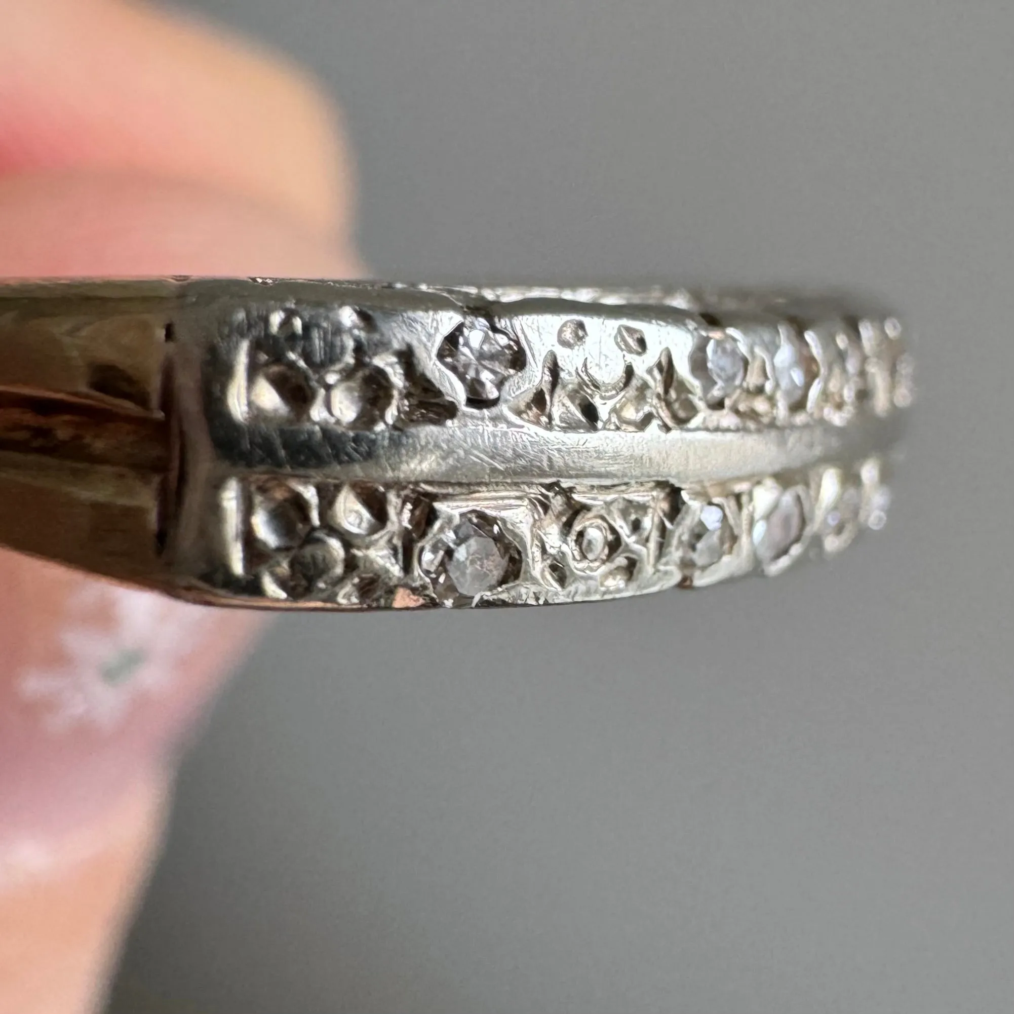 V I N T A G E // garden rows / 14k yellow and white gold floral half eternity band with diamonds / size 4.75