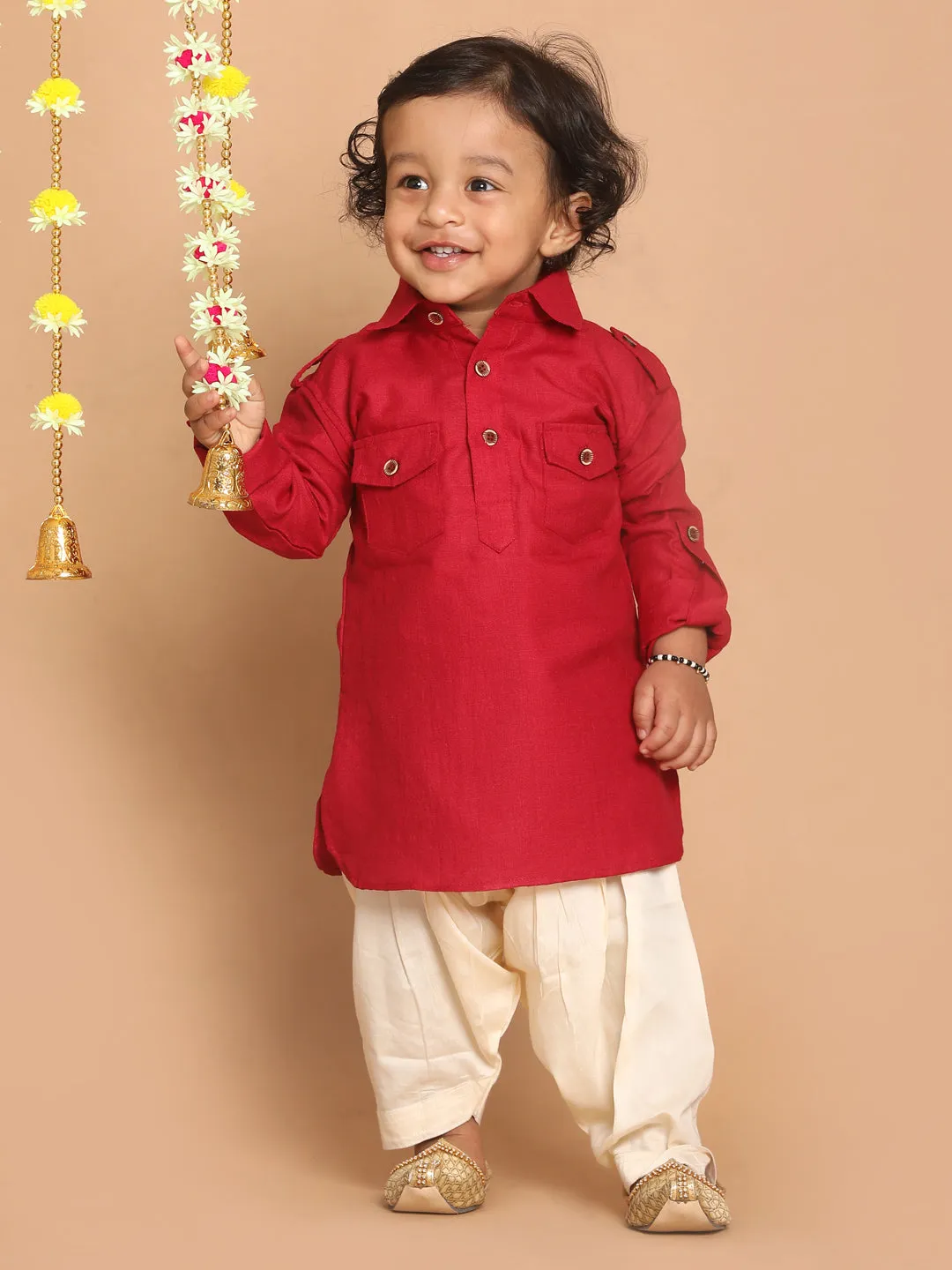 VASTRAMAY Boy's Maroon Pathani Kurta With Patiala Set