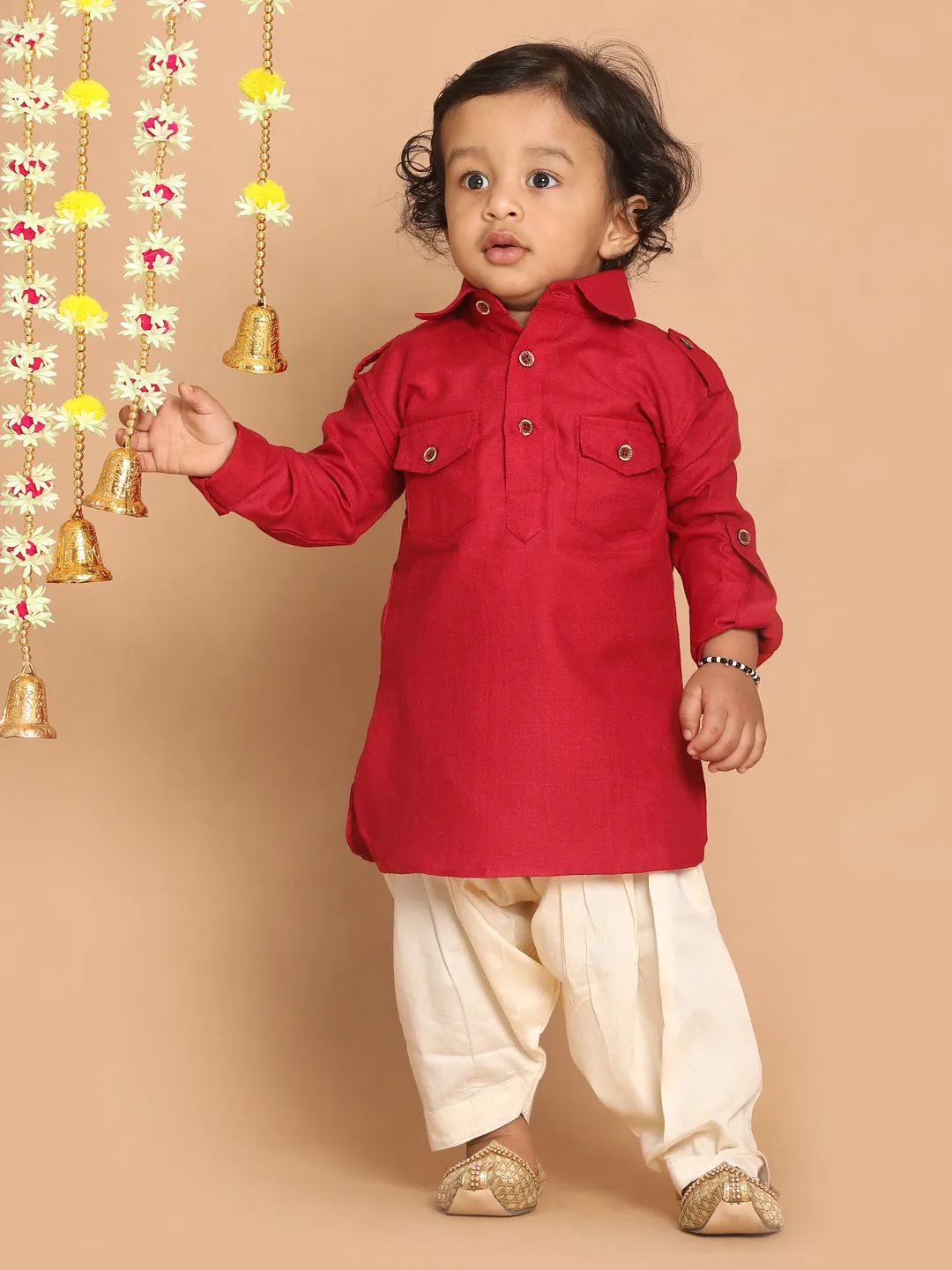 VASTRAMAY Boy's Maroon Pathani Kurta With Patiala Set