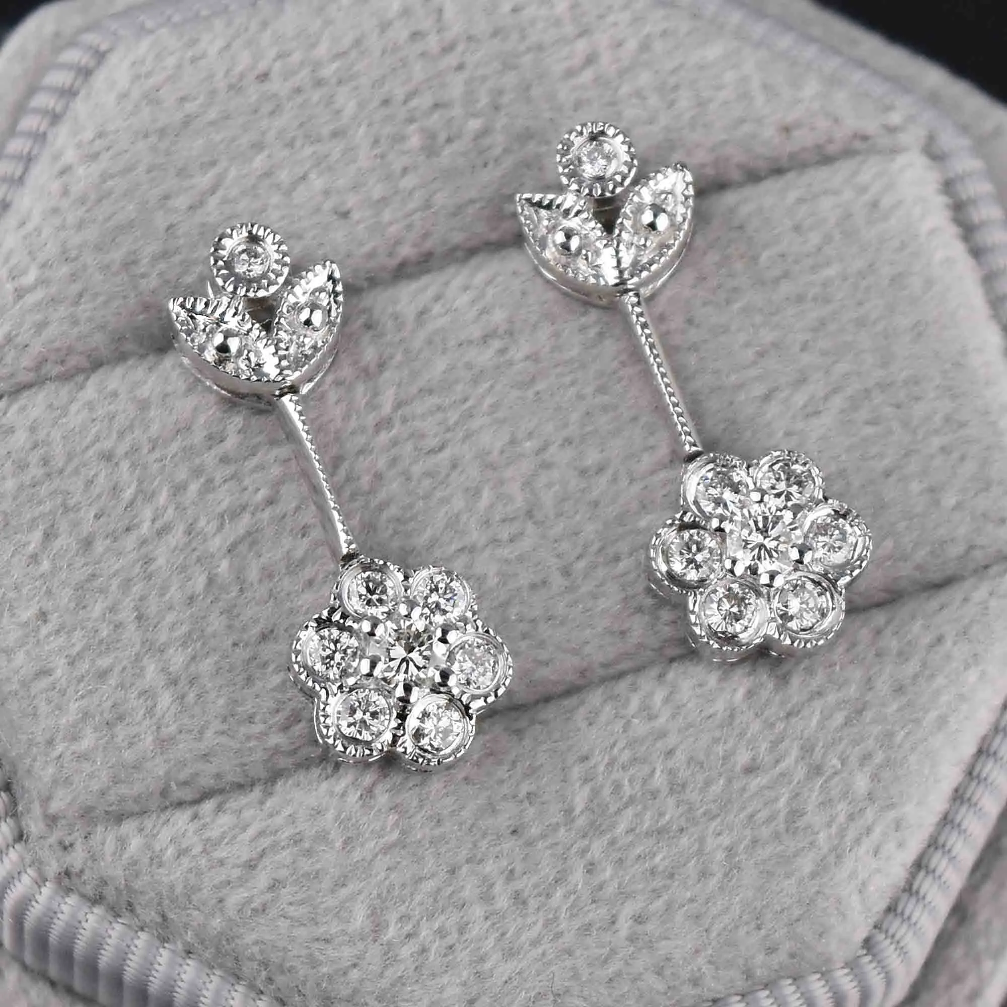 Vintage 14K White Gold Drop 1/2 CTW Diamond Cluster Earrings