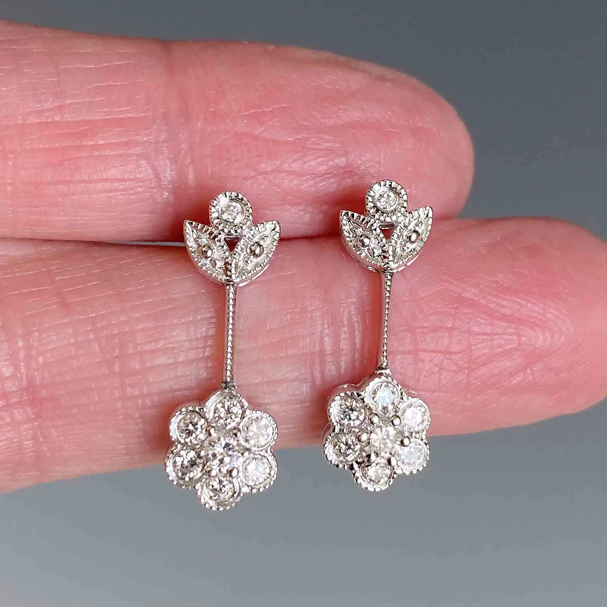 Vintage 14K White Gold Drop 1/2 CTW Diamond Cluster Earrings