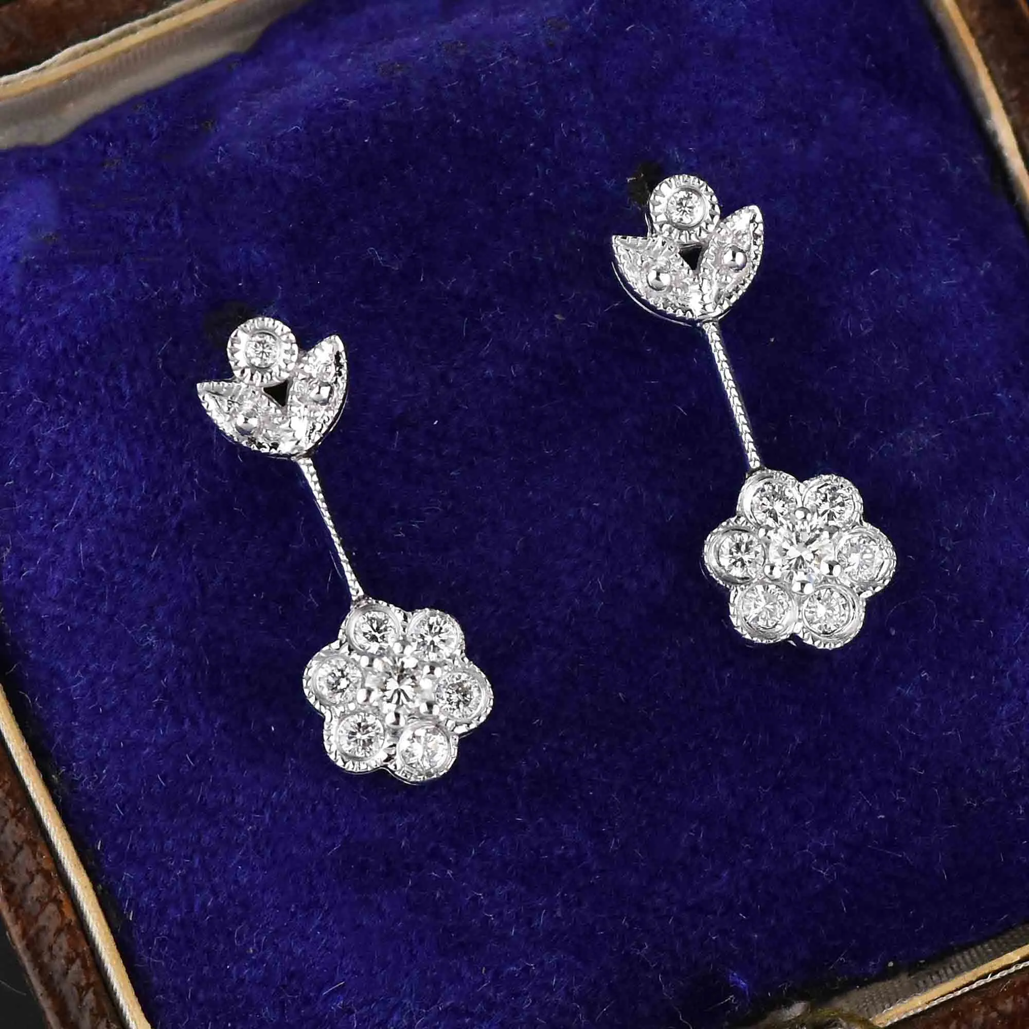 Vintage 14K White Gold Drop 1/2 CTW Diamond Cluster Earrings