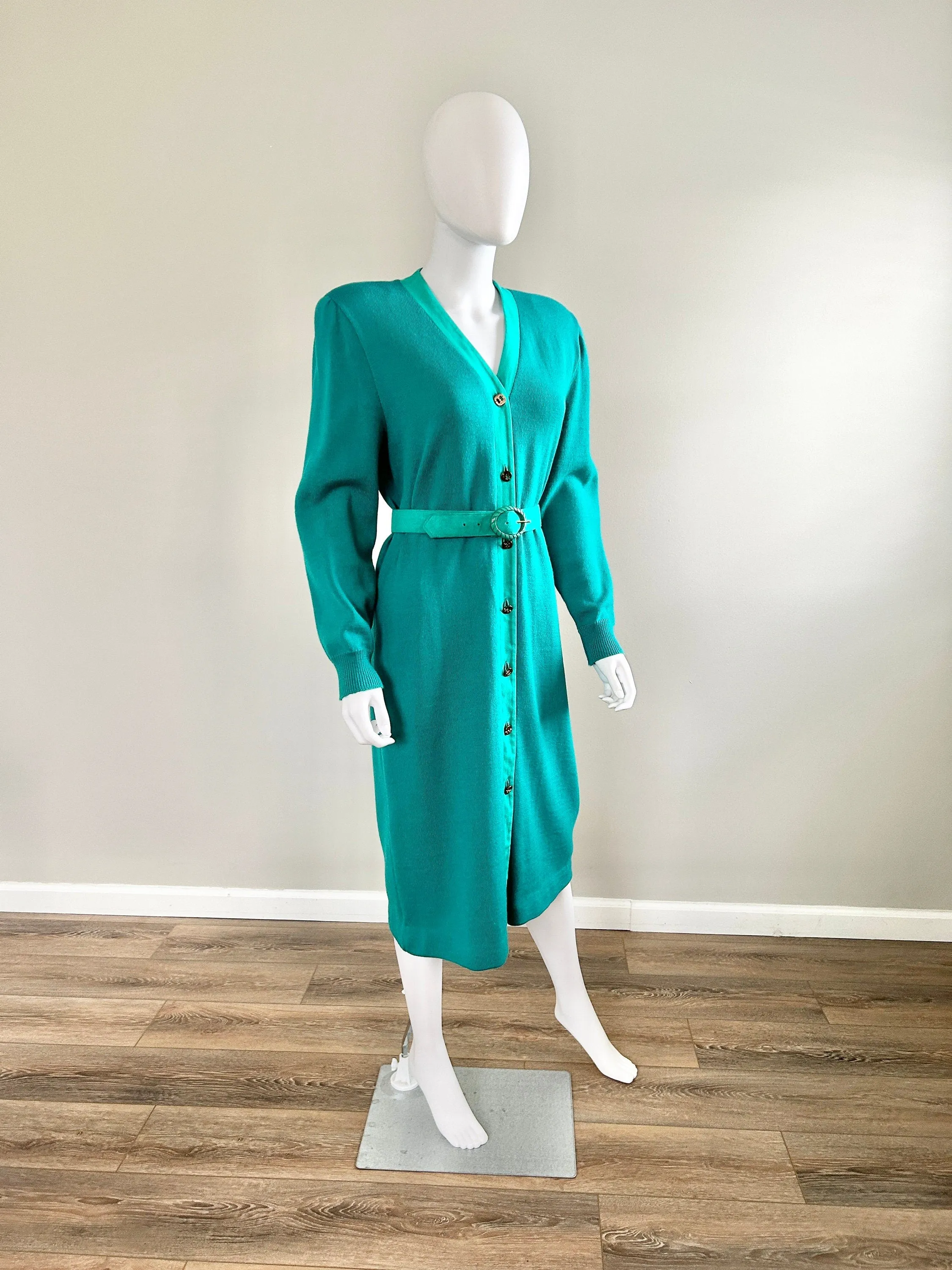 Vintage 1980s Lilli Ann Sweater Dress / 80s Aquamarine Dress / Size S M