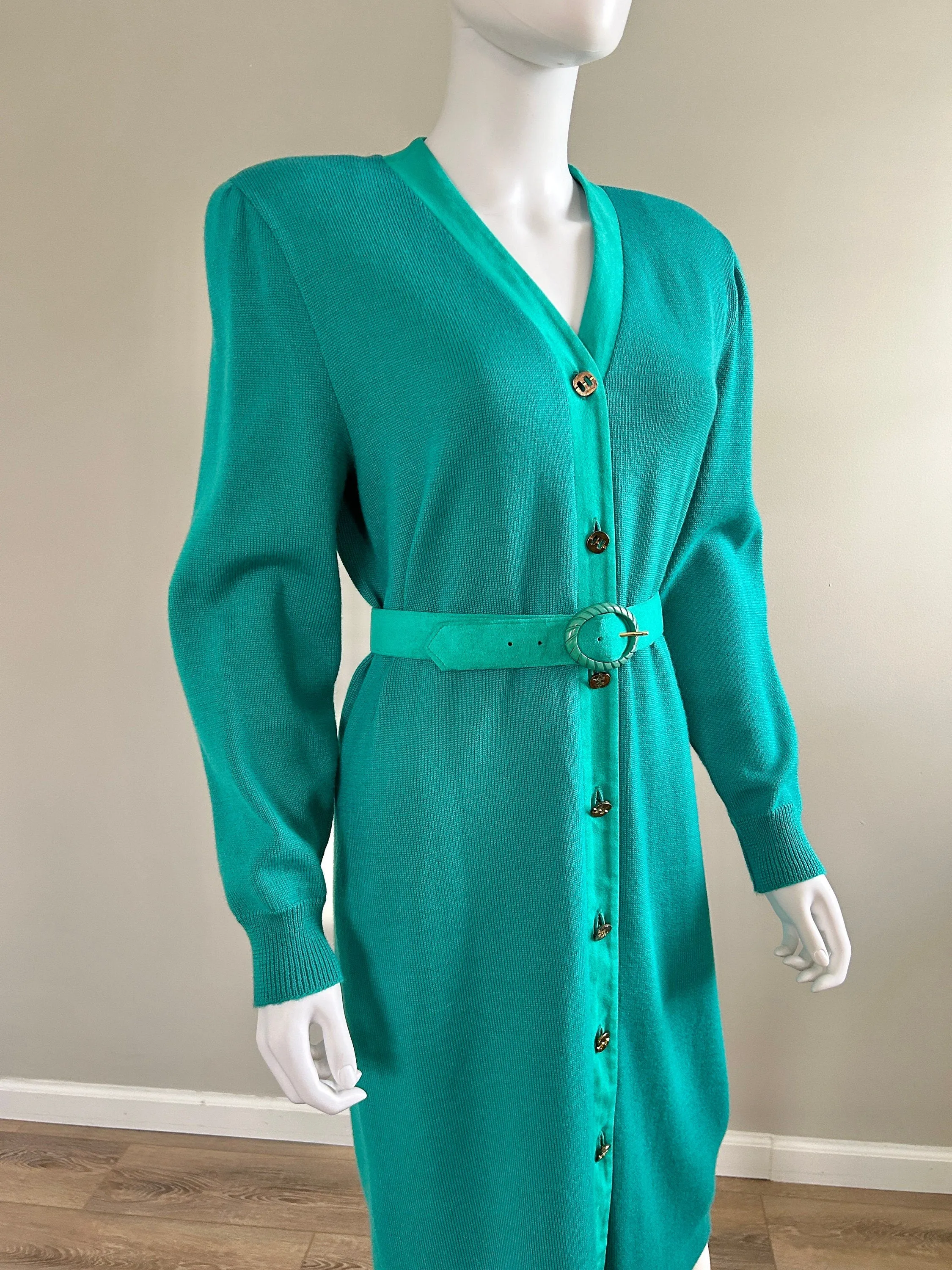 Vintage 1980s Lilli Ann Sweater Dress / 80s Aquamarine Dress / Size S M