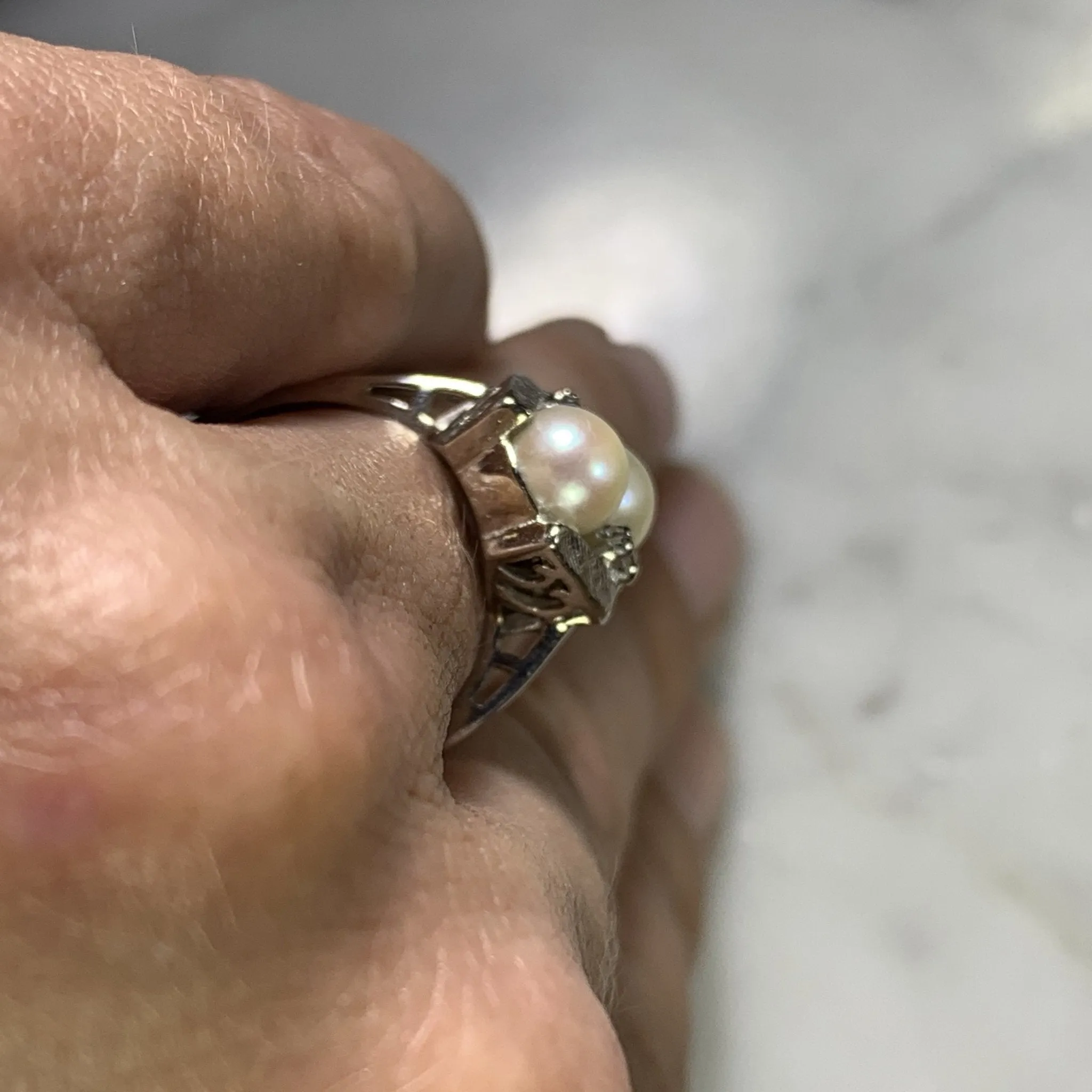 Vintage Akoya Pearl Ring with Diamonds Accents set in 14K White Gold. June's Birthstone.