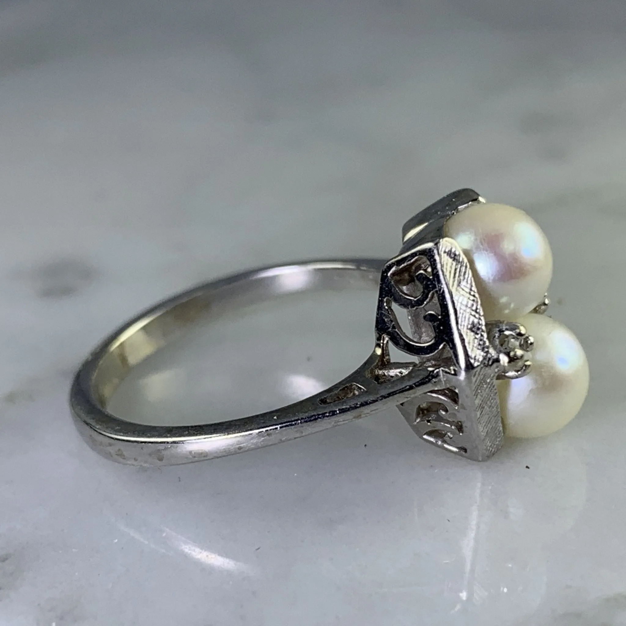 Vintage Akoya Pearl Ring with Diamonds Accents set in 14K White Gold. June's Birthstone.