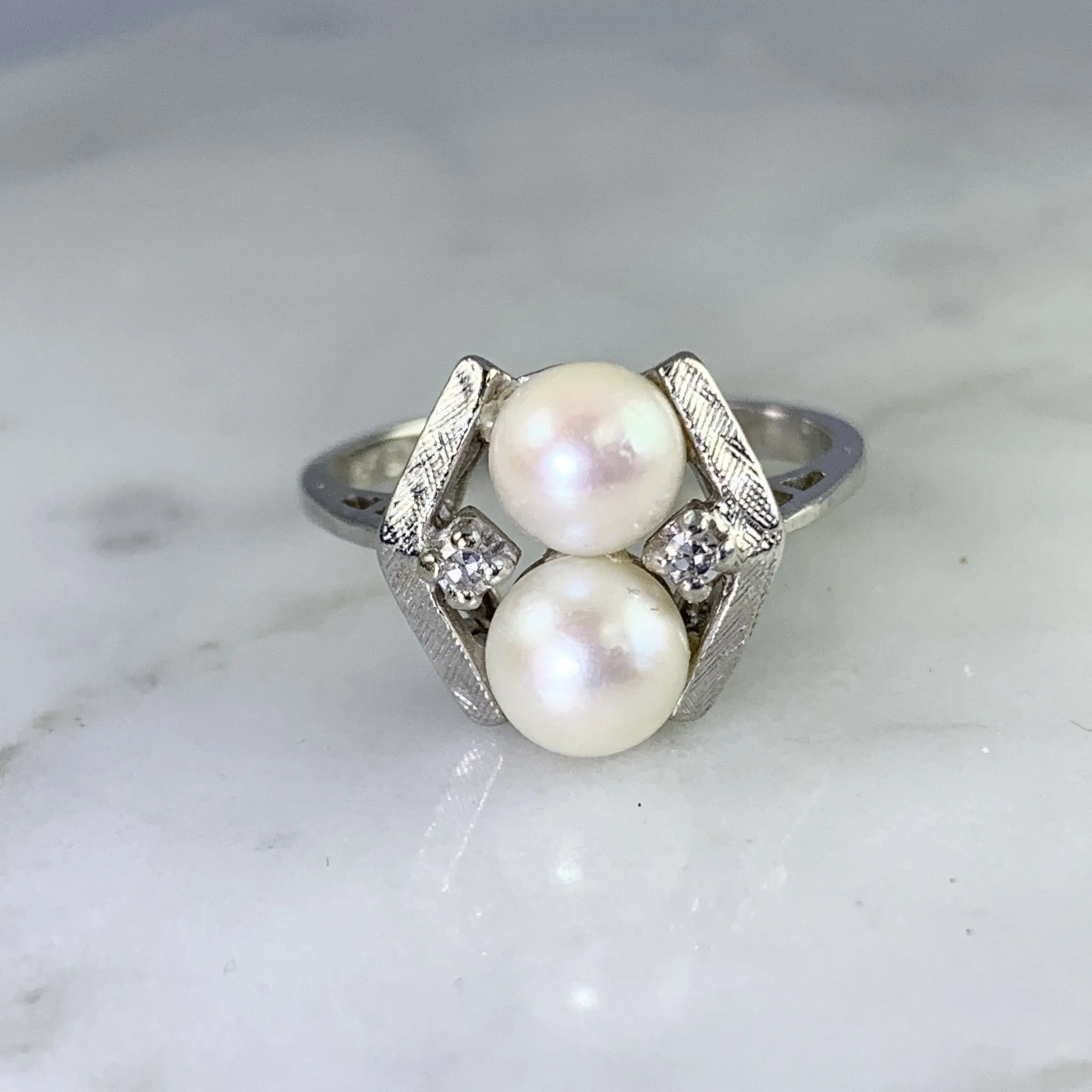 Vintage Akoya Pearl Ring with Diamonds Accents set in 14K White Gold. June's Birthstone.