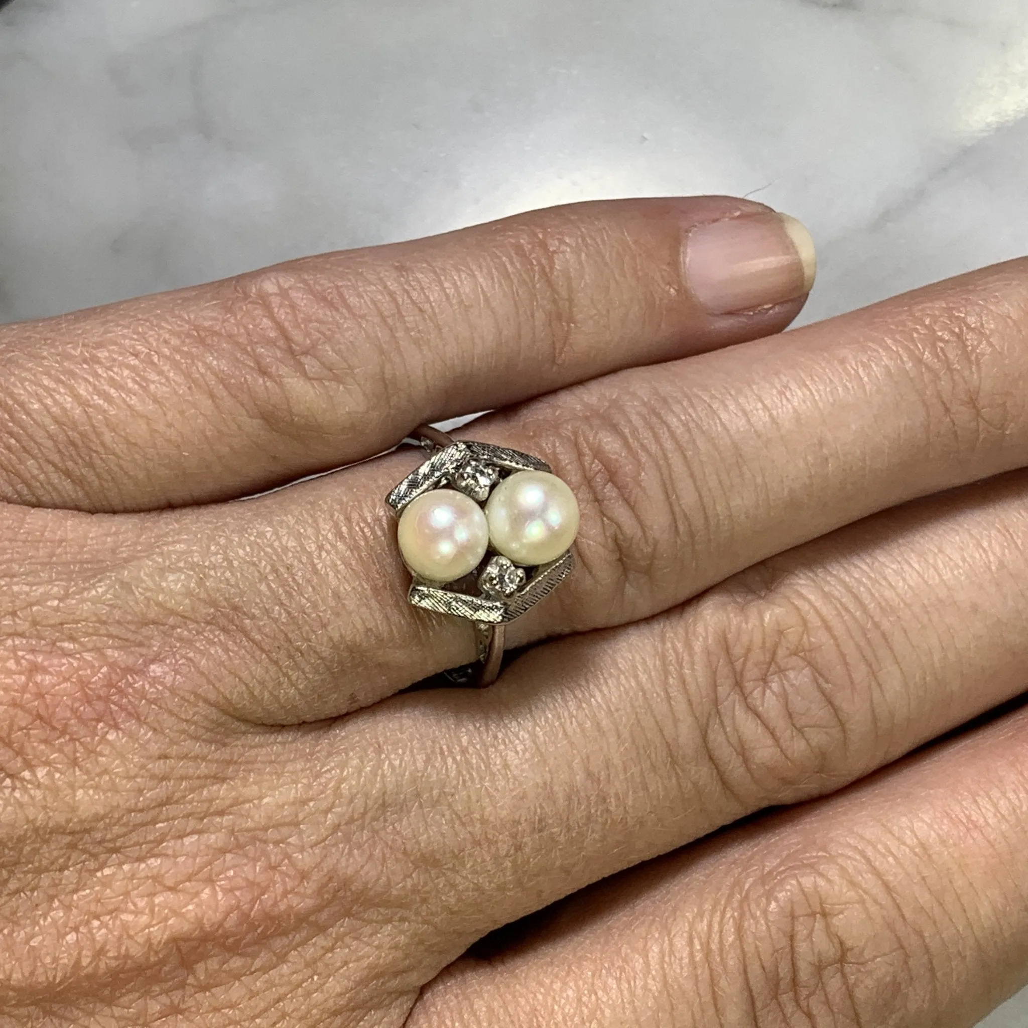 Vintage Akoya Pearl Ring with Diamonds Accents set in 14K White Gold. June's Birthstone.