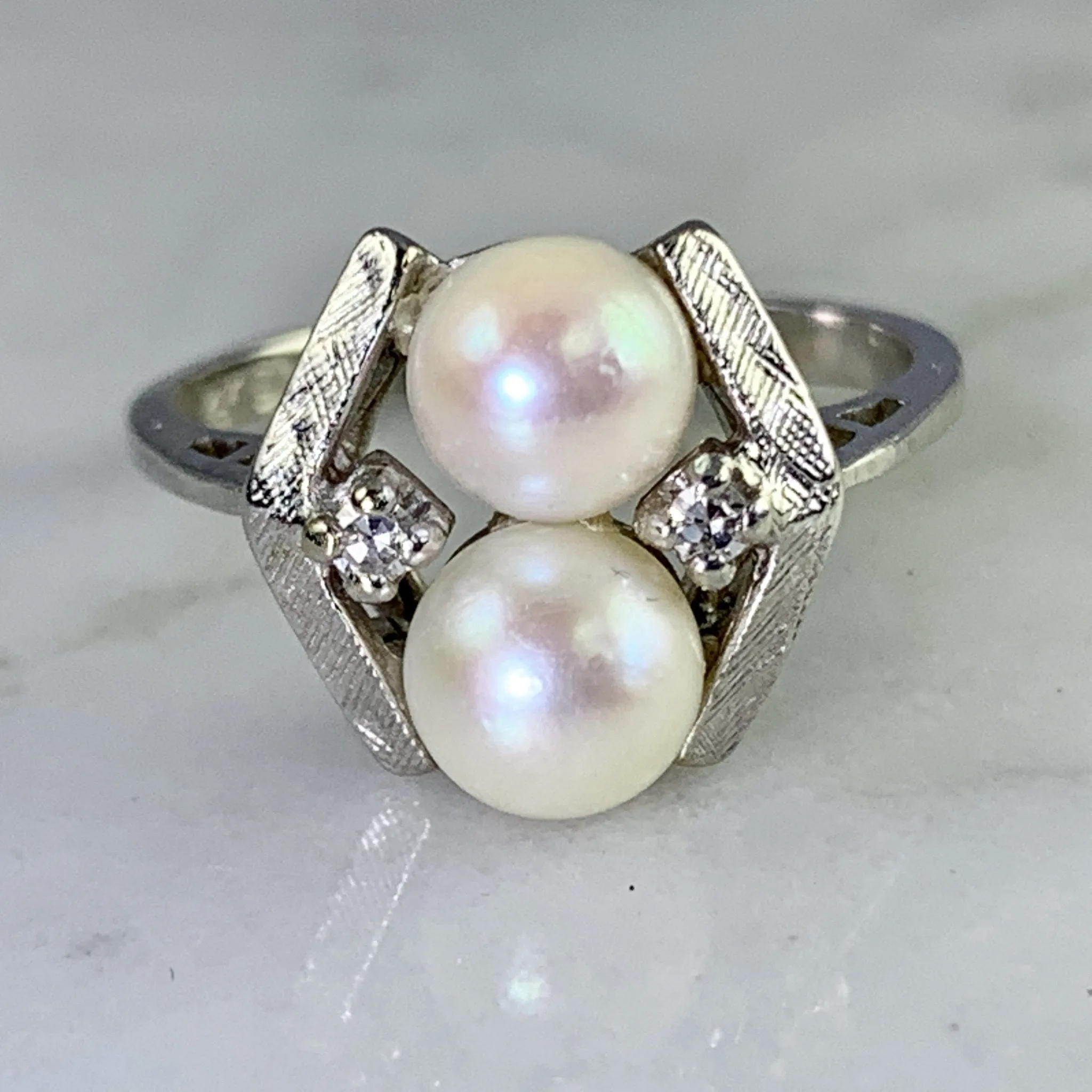 Vintage Akoya Pearl Ring with Diamonds Accents set in 14K White Gold. June's Birthstone.