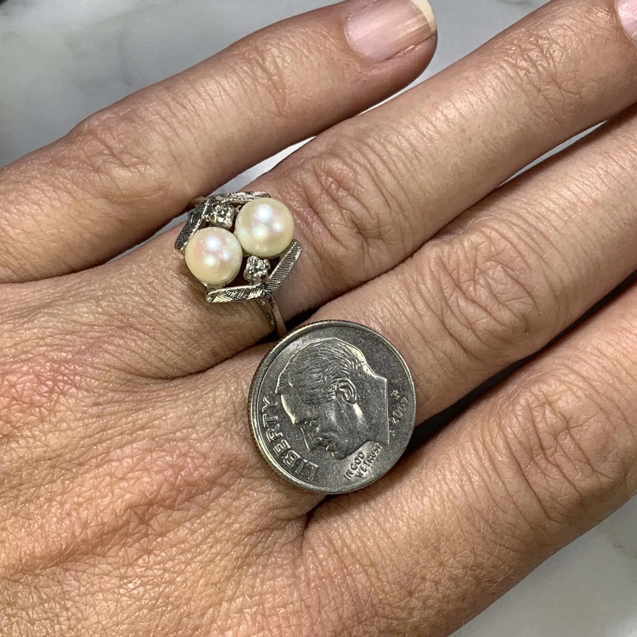 Vintage Akoya Pearl Ring with Diamonds Accents set in 14K White Gold. June's Birthstone.