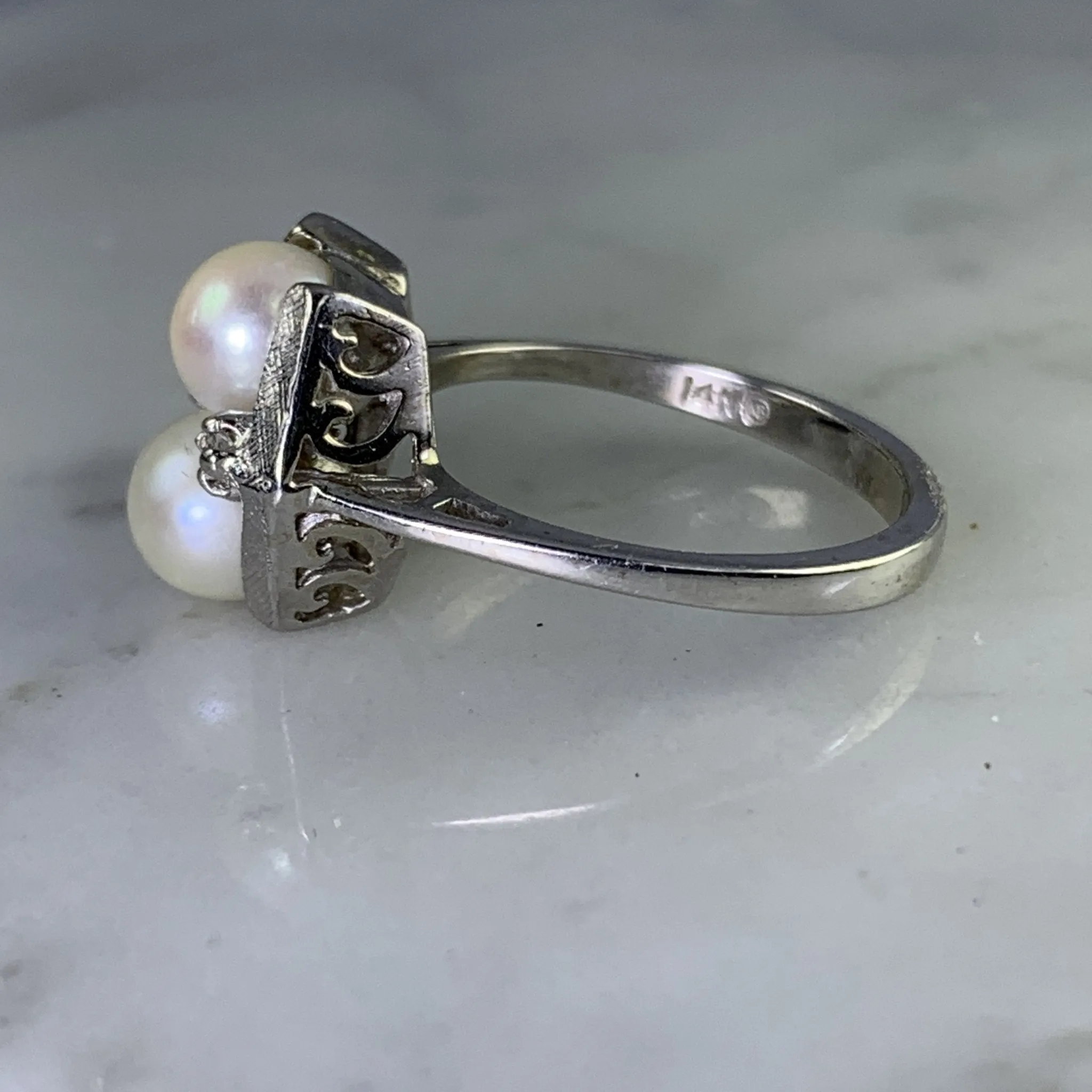 Vintage Akoya Pearl Ring with Diamonds Accents set in 14K White Gold. June's Birthstone.