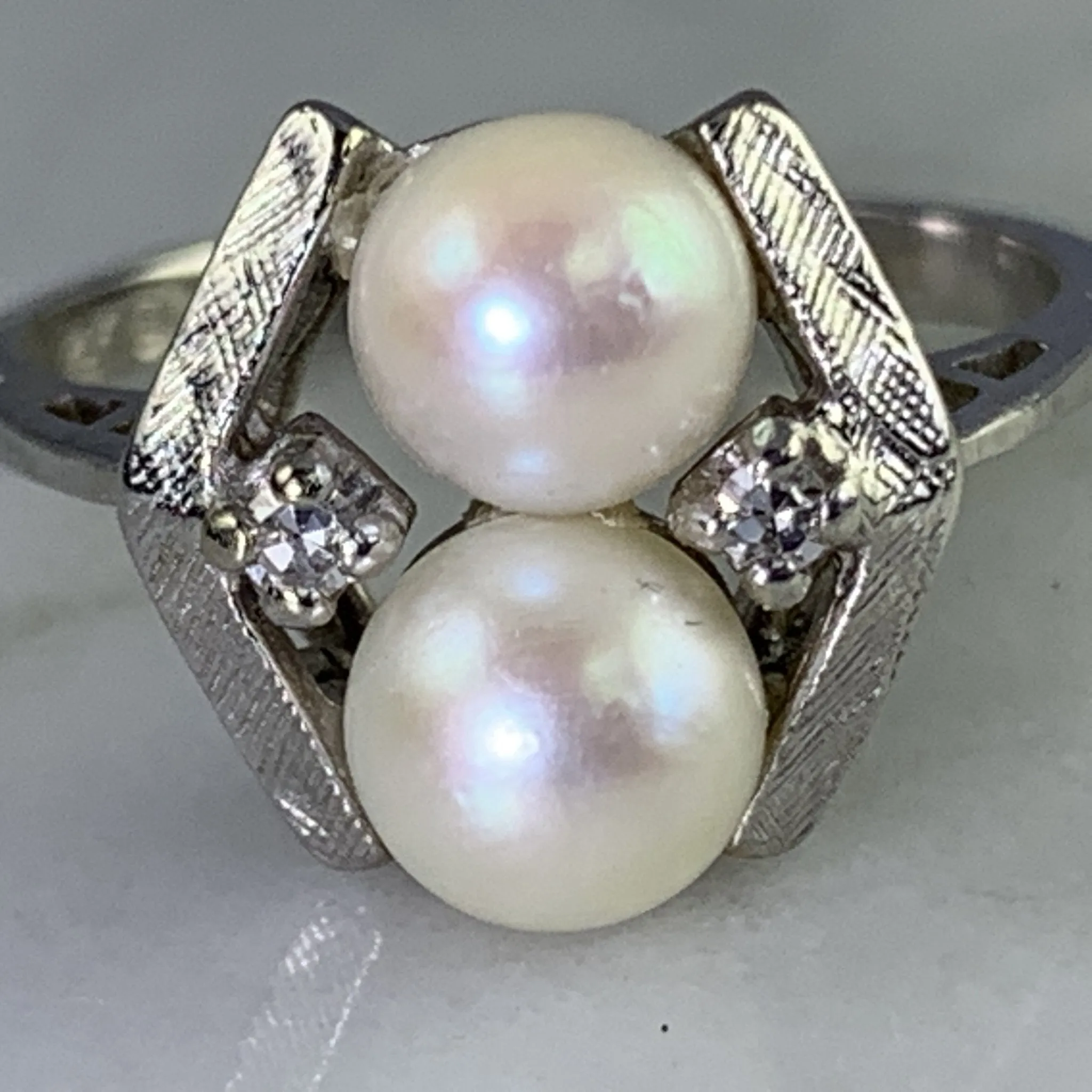 Vintage Akoya Pearl Ring with Diamonds Accents set in 14K White Gold. June's Birthstone.