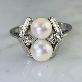 Vintage Akoya Pearl Ring with Diamonds Accents set in 14K White Gold. June's Birthstone.