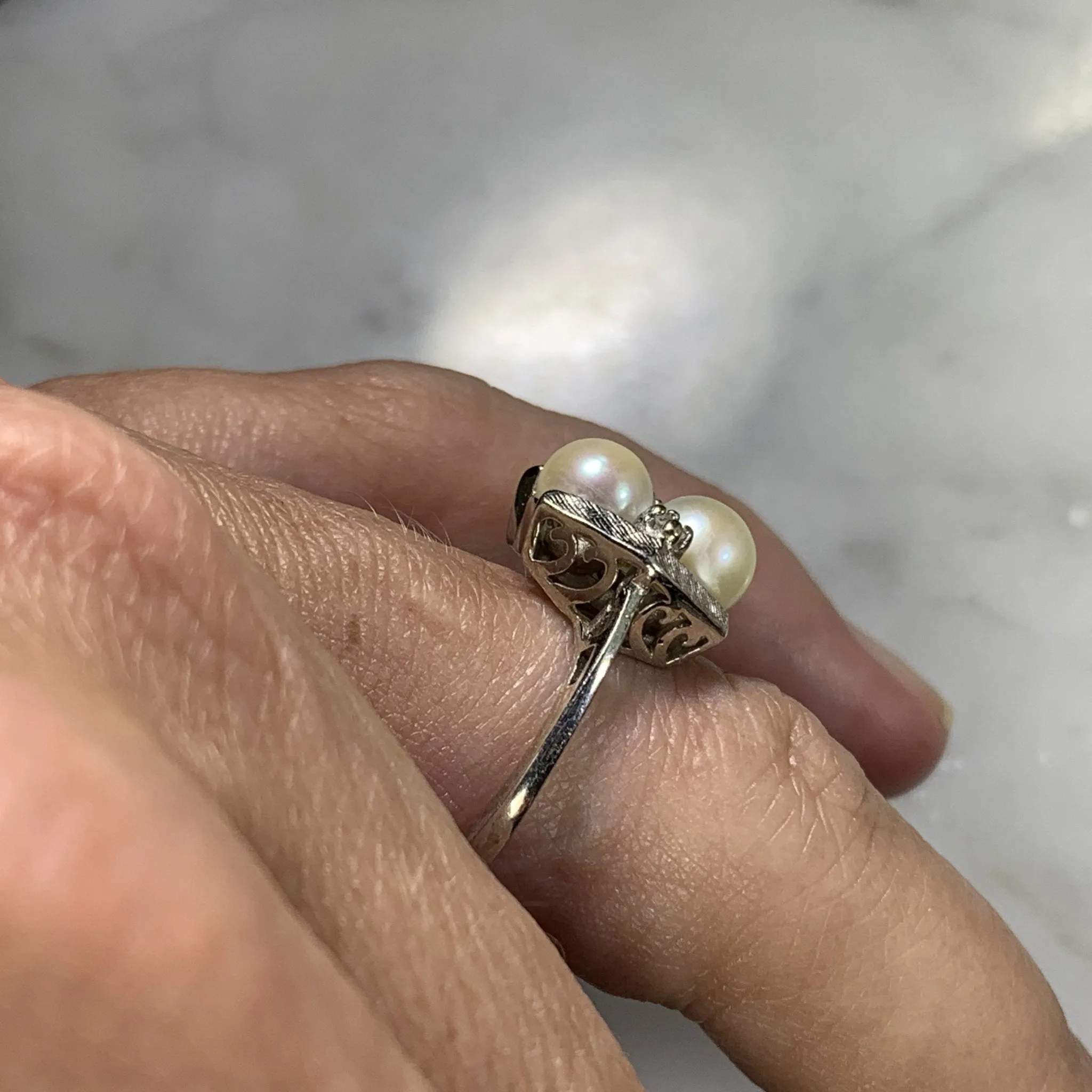 Vintage Akoya Pearl Ring with Diamonds Accents set in 14K White Gold. June's Birthstone.