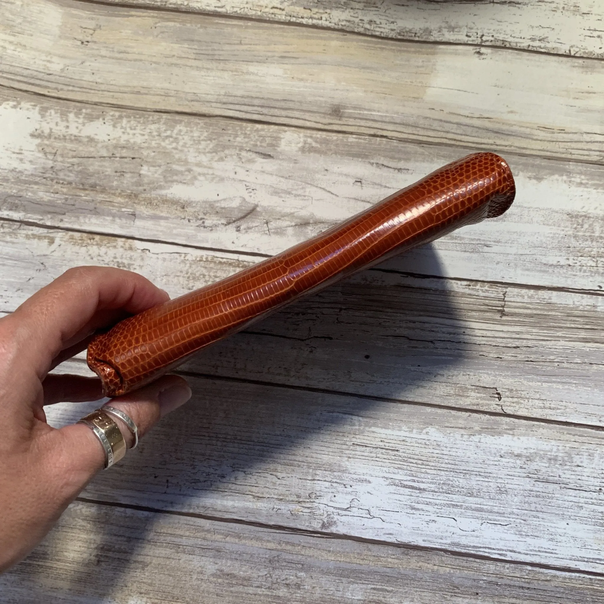 Vintage Brown Leather Clutch by Barfield & Baird. Perfect Fall Accessory in Stamped Cognac Leather.