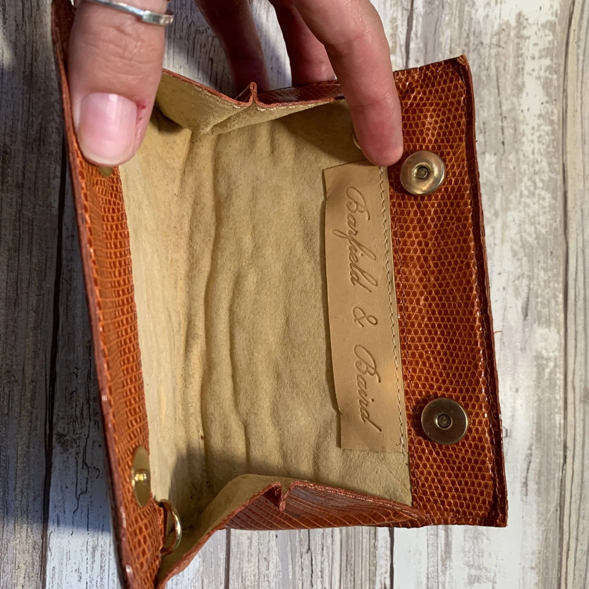 Vintage Brown Leather Clutch by Barfield & Baird. Perfect Fall Accessory in Stamped Cognac Leather.