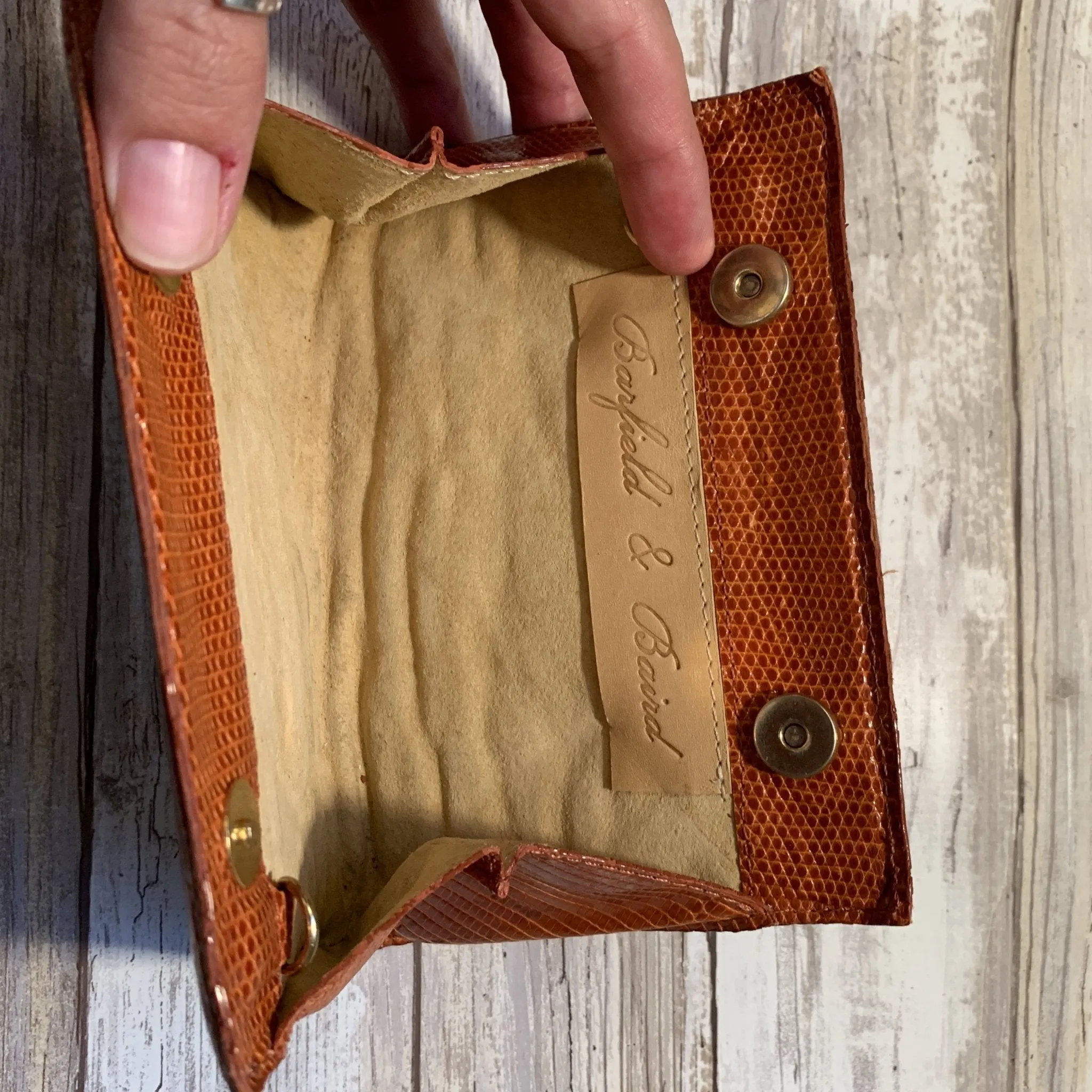 Vintage Brown Leather Clutch by Barfield & Baird. Perfect Fall Accessory in Stamped Cognac Leather.