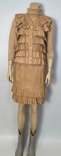 Vintage Chanel 01A, 2001 Fall Ruffle Beige Tan Leather Skirt Vest Dress Suit Set FR 36 US 4/6