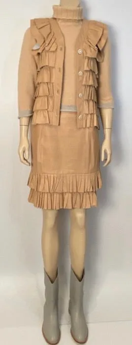 Vintage Chanel 01A, 2001 Fall Ruffle Beige Tan Leather Skirt Vest Dress Suit Set FR 36 US 4/6