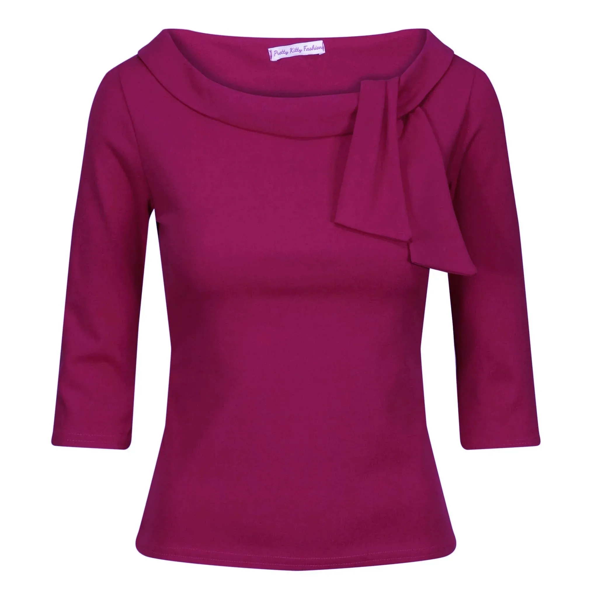 Vintage Magenta Purple 3/4 Sleeve Tie Neck Top