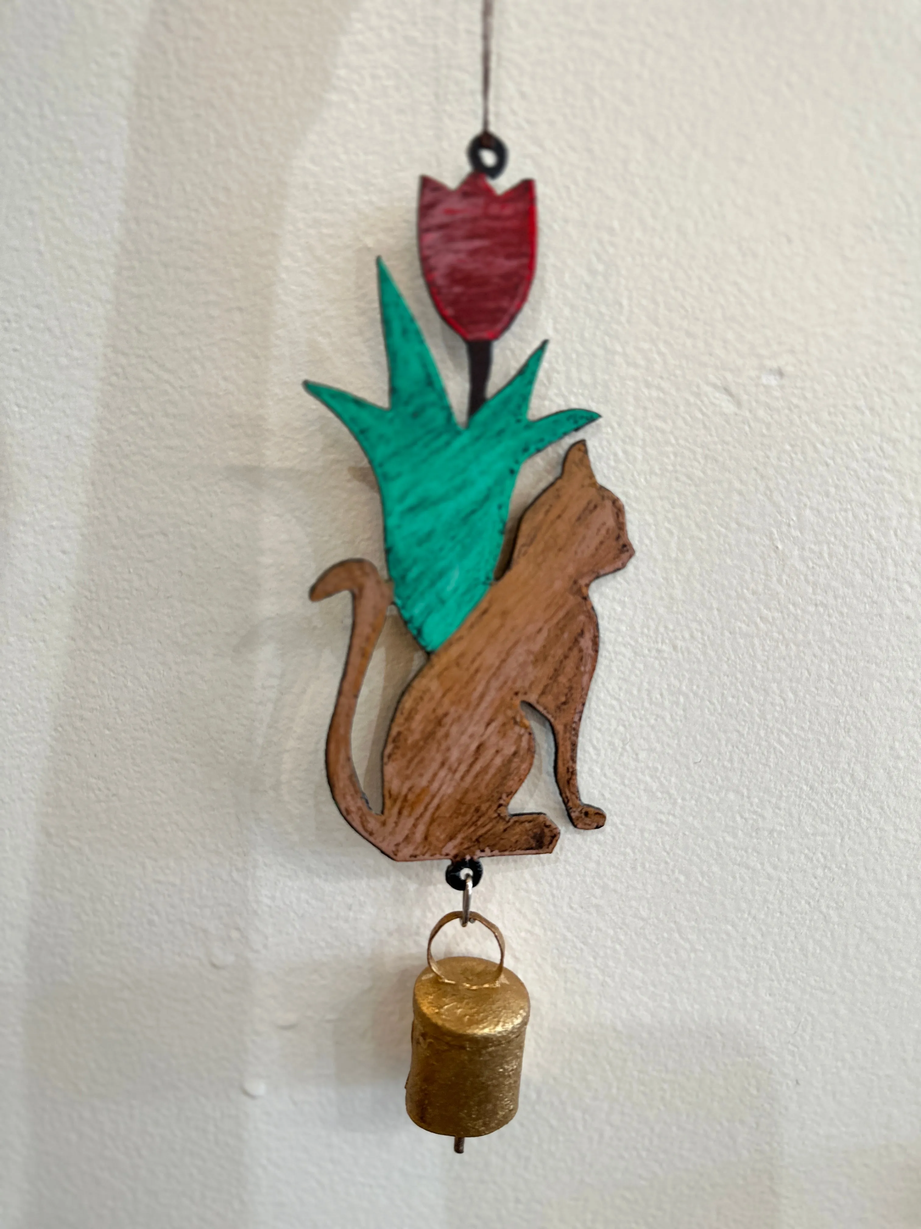 Whimsical Hanging Metal Mobile Flower Cat With Bell